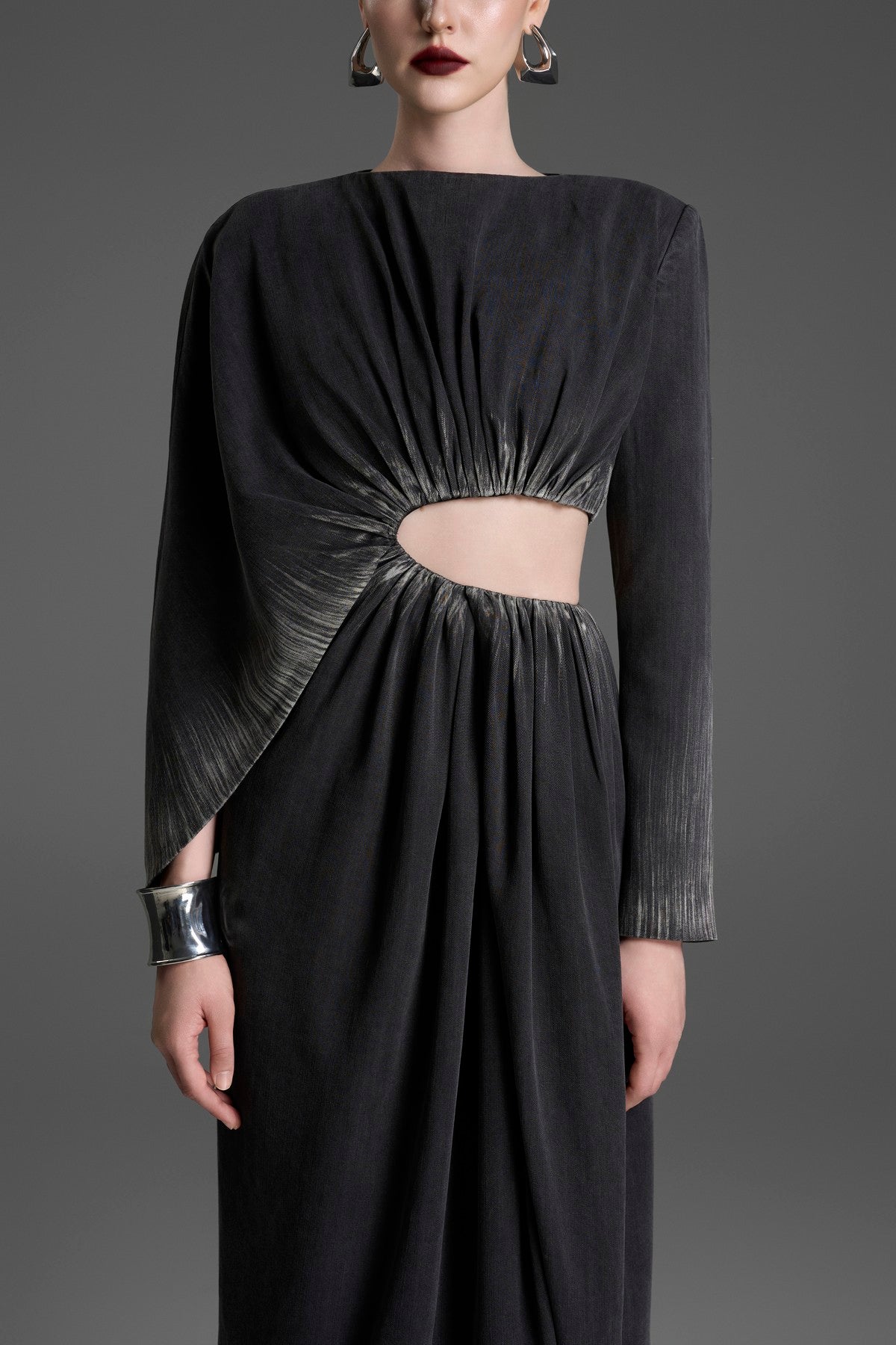 One-Sleeve Column Dress with a Ruched Waist Cutout