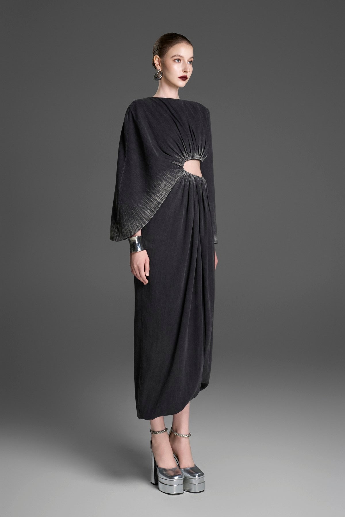 One-Sleeve Column Dress with a Ruched Waist Cutout