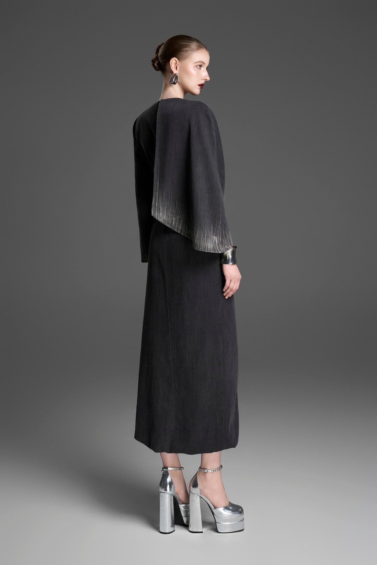 One-Sleeve Column Dress with a Ruched Waist Cutout