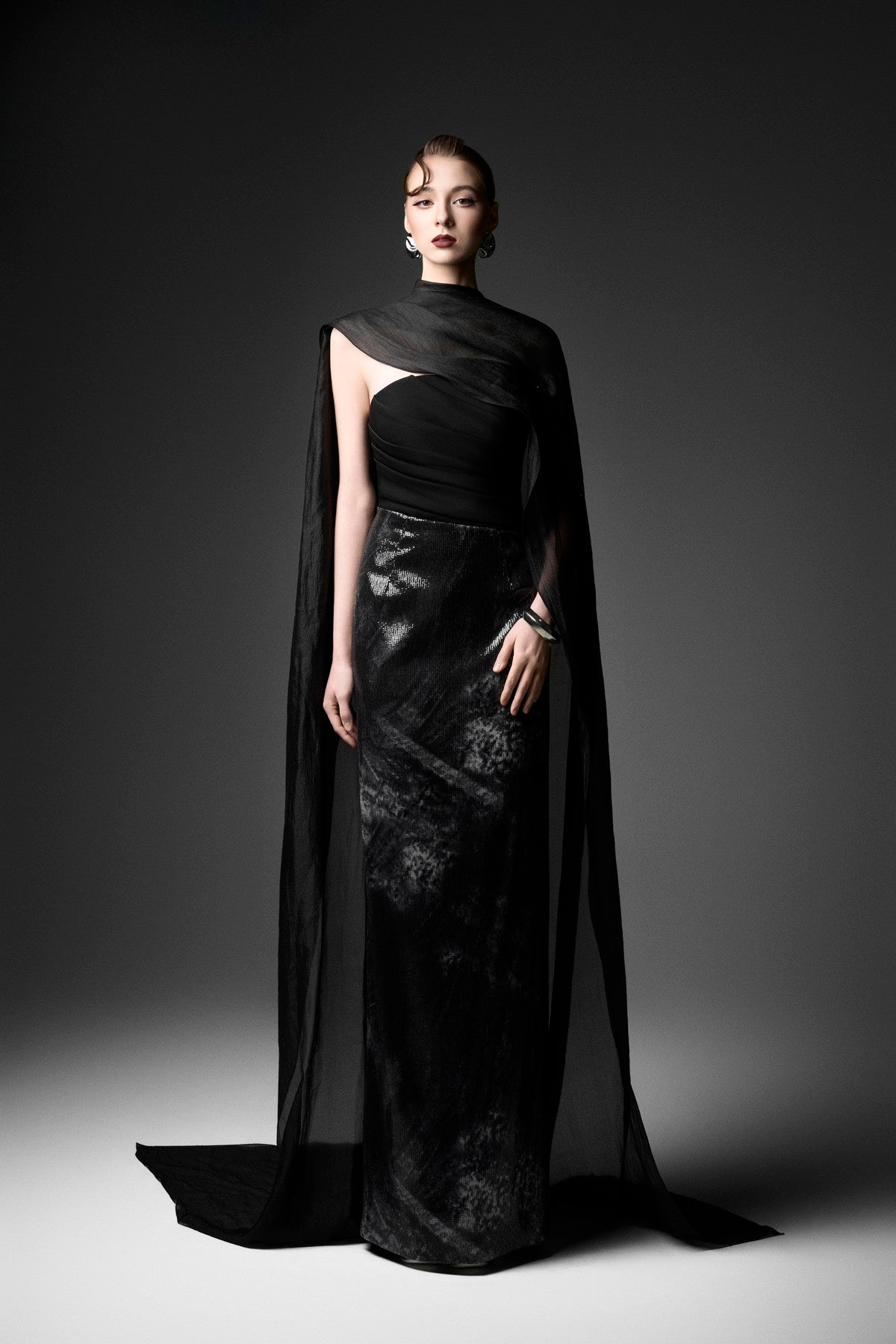 Strapless Gradient Sequin Dress with Overlay Scarf