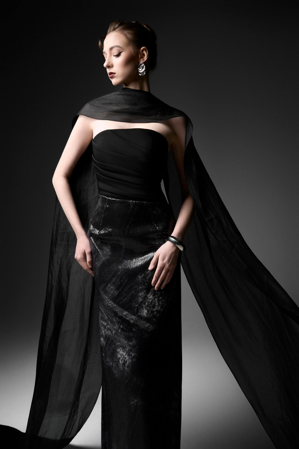 Strapless Gradient Sequin Dress with Overlay Scarf
