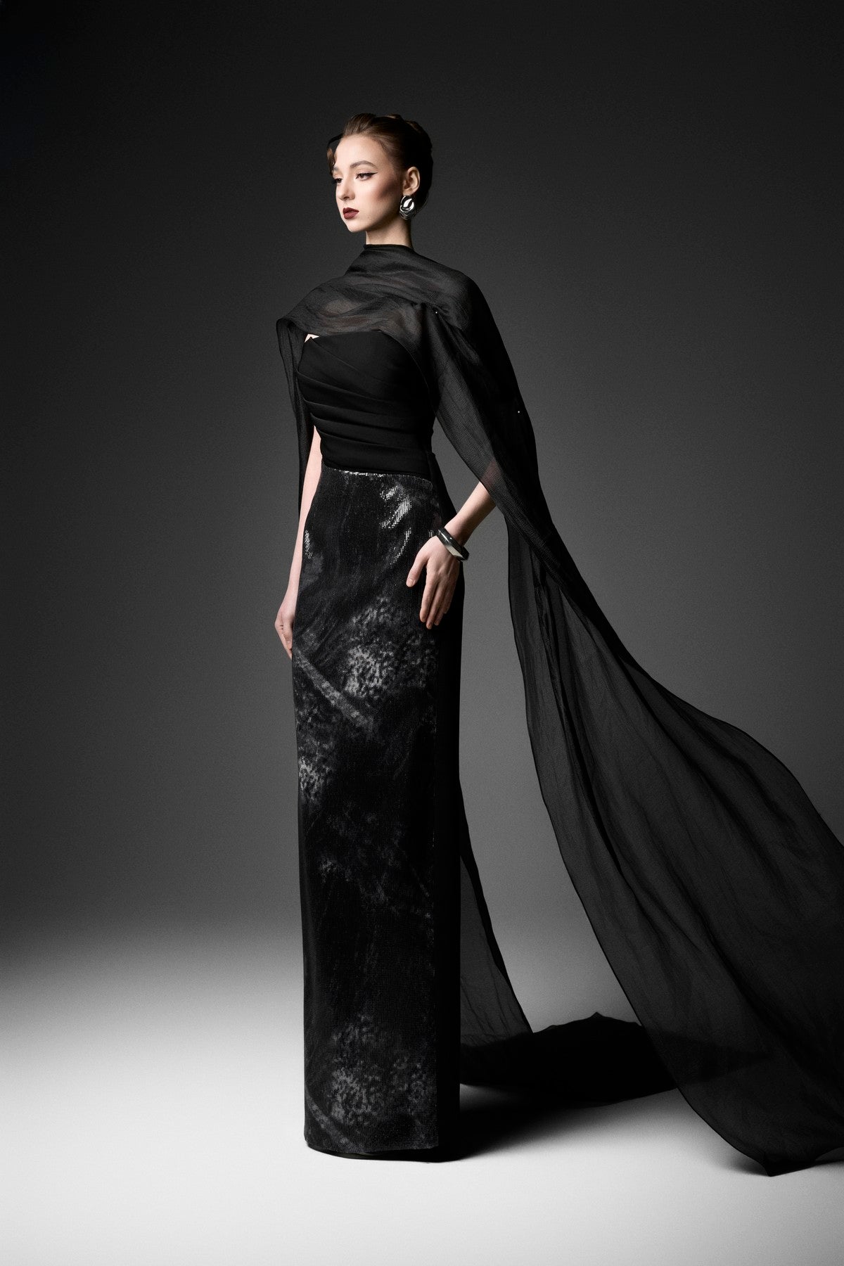 Strapless Gradient Sequin Dress with Overlay Scarf