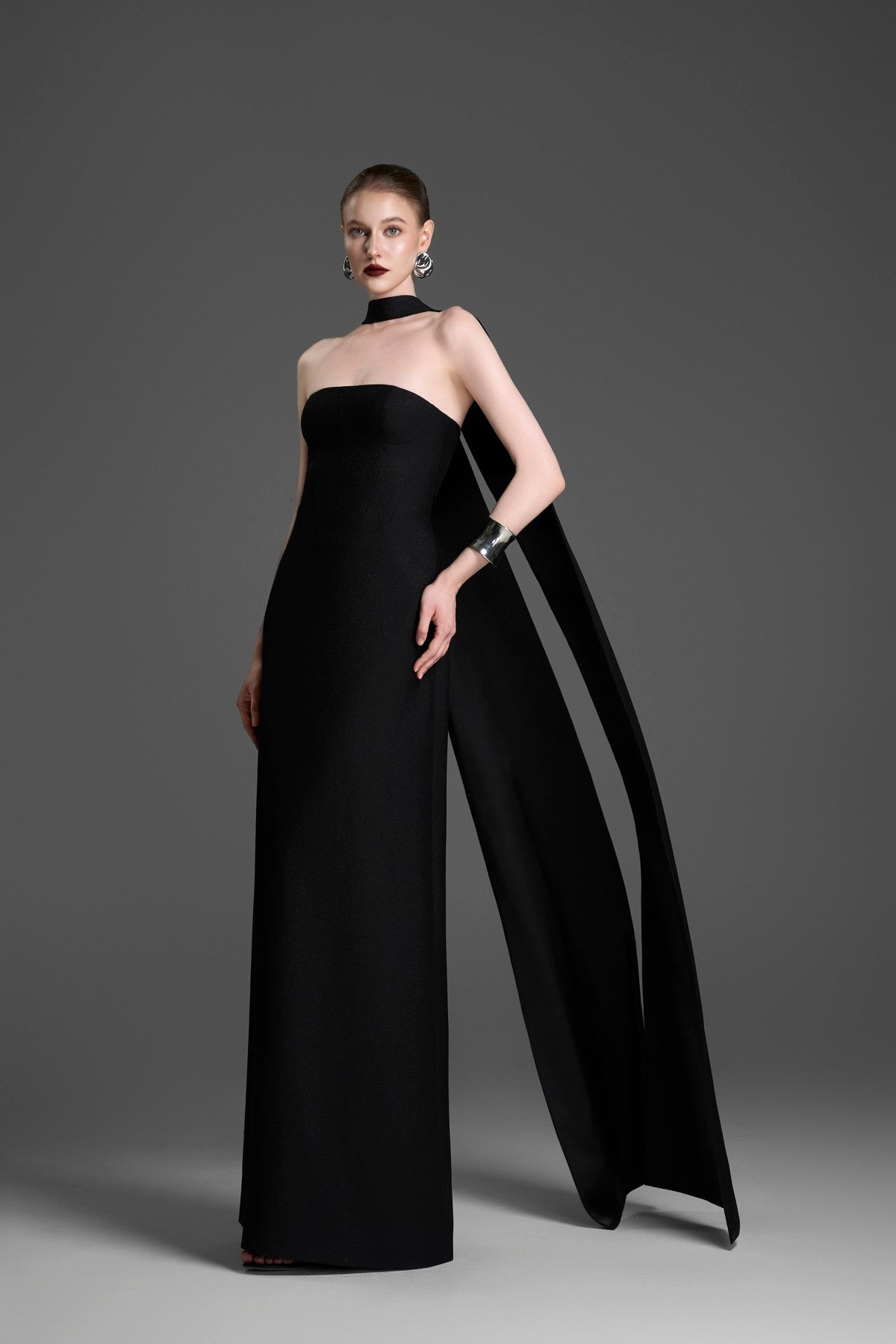 A-Line Bustier Gown with Faux-Corset Seams and a Matching Cape