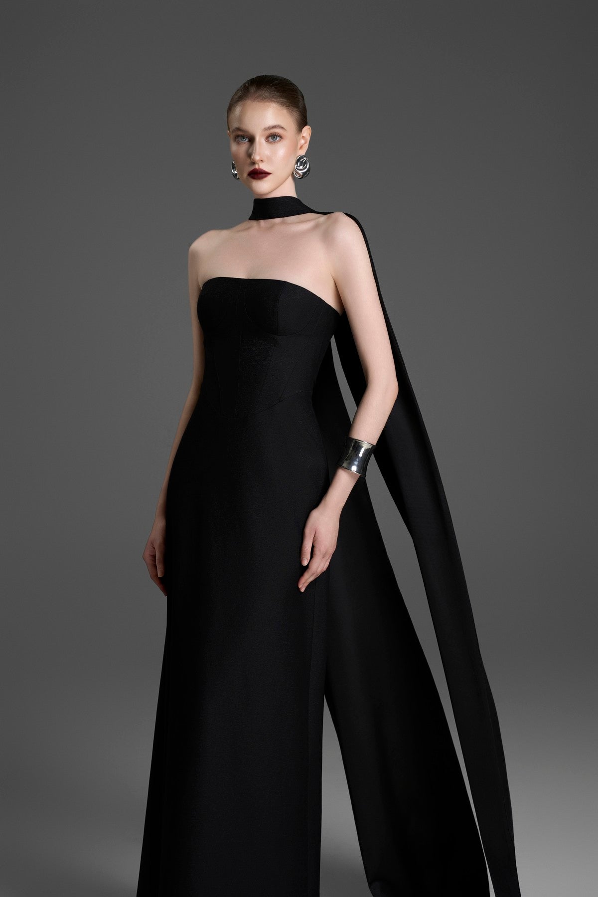 A-Line Bustier Gown with Faux-Corset Seams and a Matching Cape