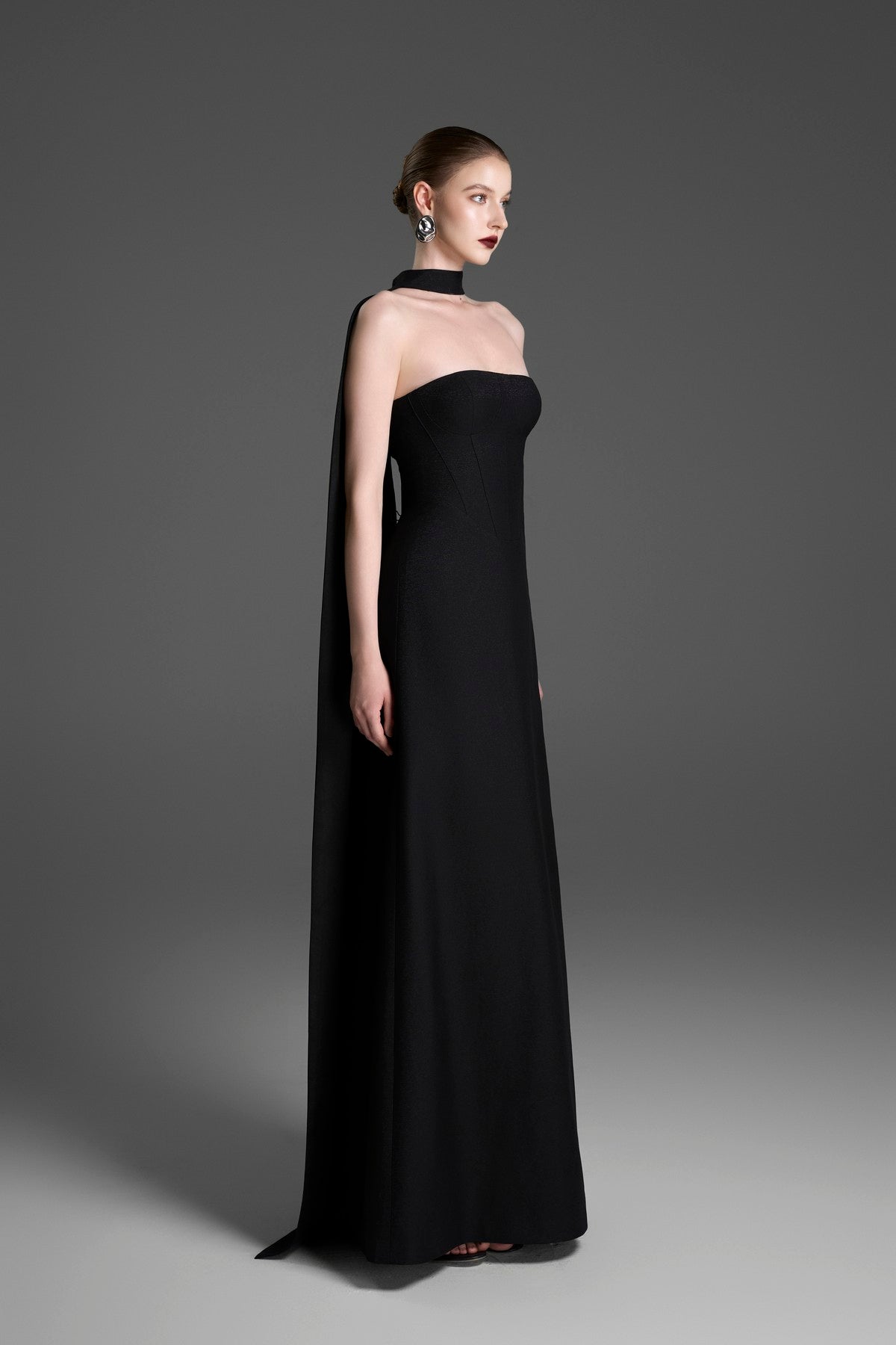 A-Line Bustier Gown with Faux-Corset Seams and a Matching Cape