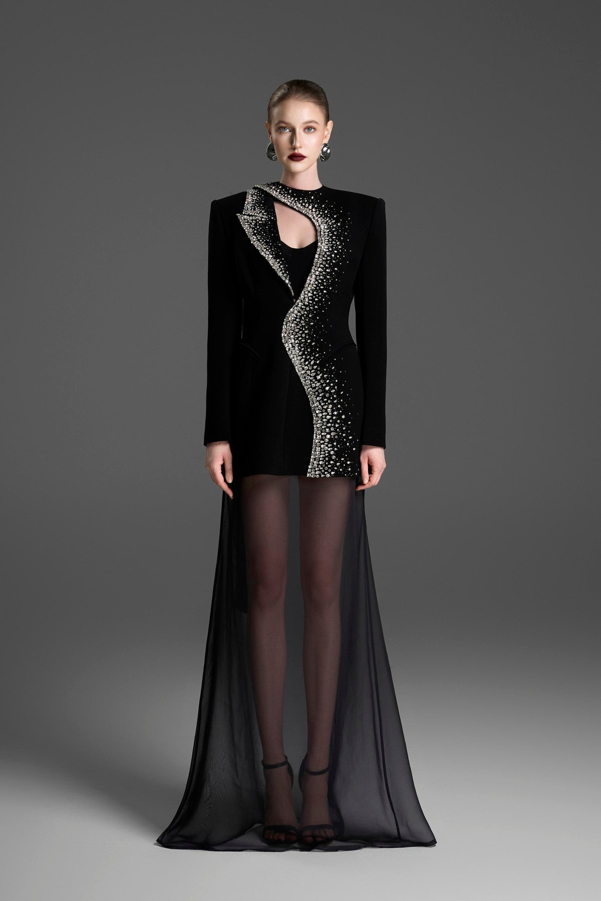 Asymmetrical Blazer with a Draped Scarf and Crystal Embellishments