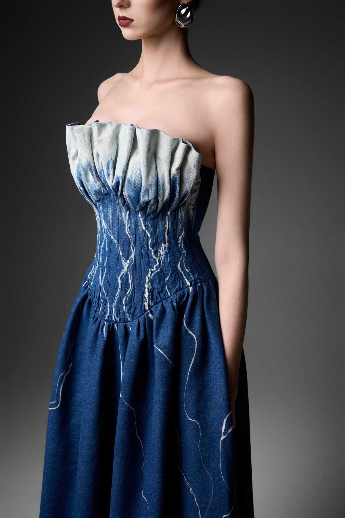 Wave-Wash Flared Dress with Ruching Bust