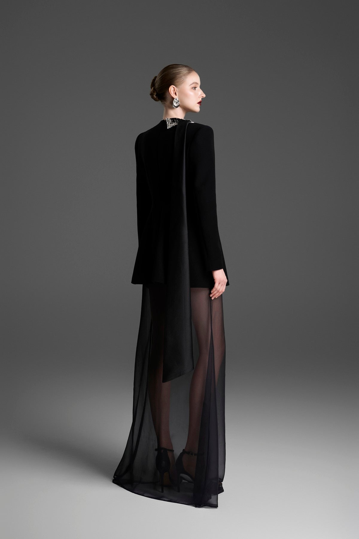 Asymmetrical Blazer with a Draped Scarf and Crystal Embellishments