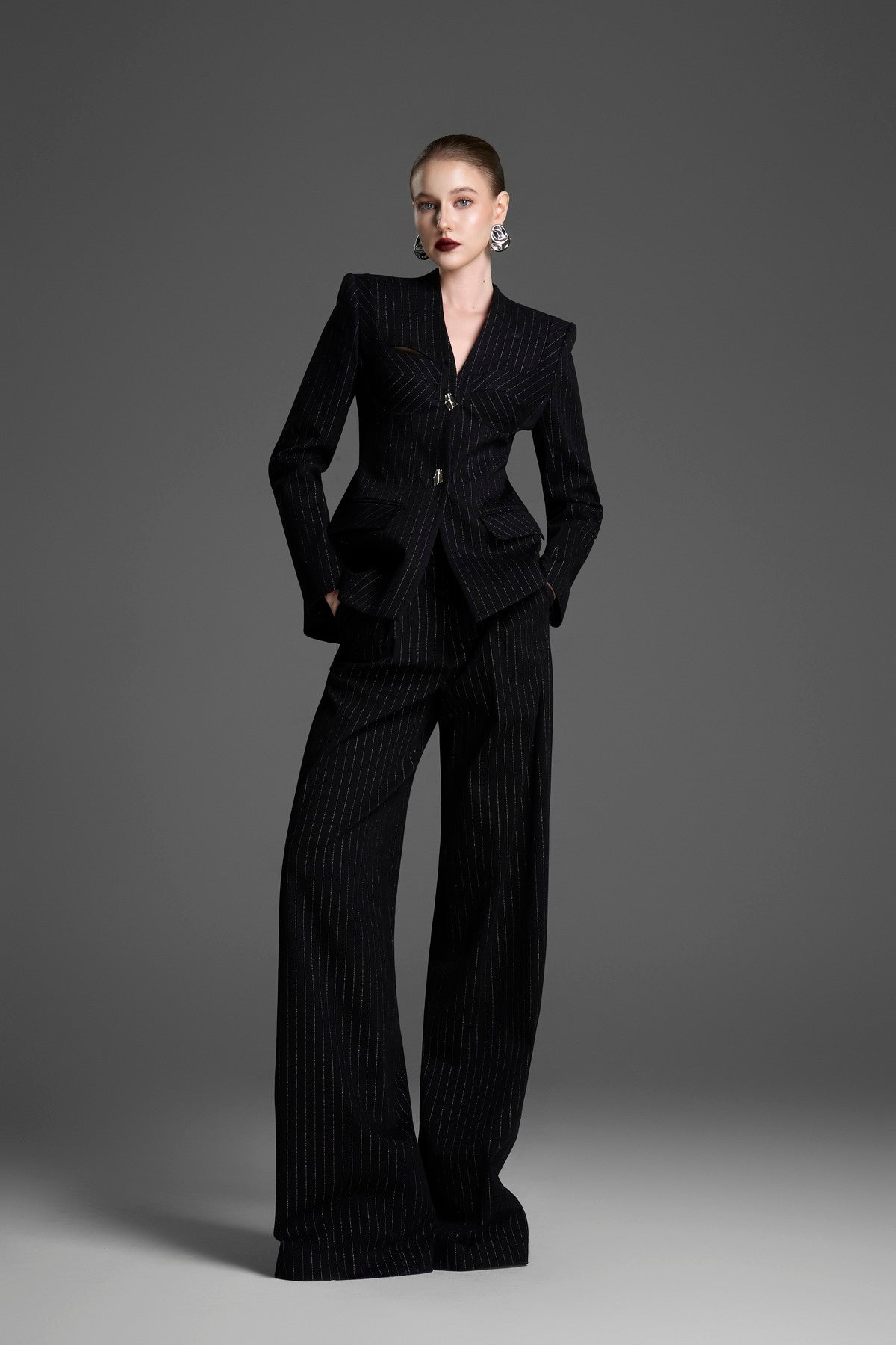 Classic, Straight-Leg Trousers in a Matching Pinstripe Fabric