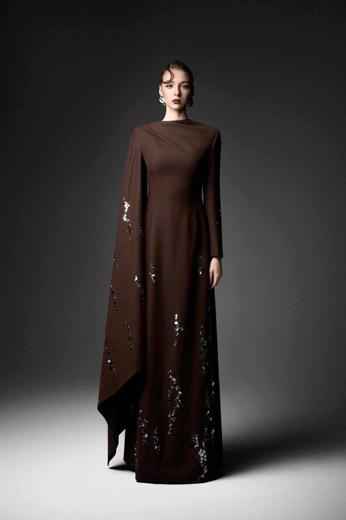 Asymmetric Sleeve Embellished Silk Denim A-Line Dress