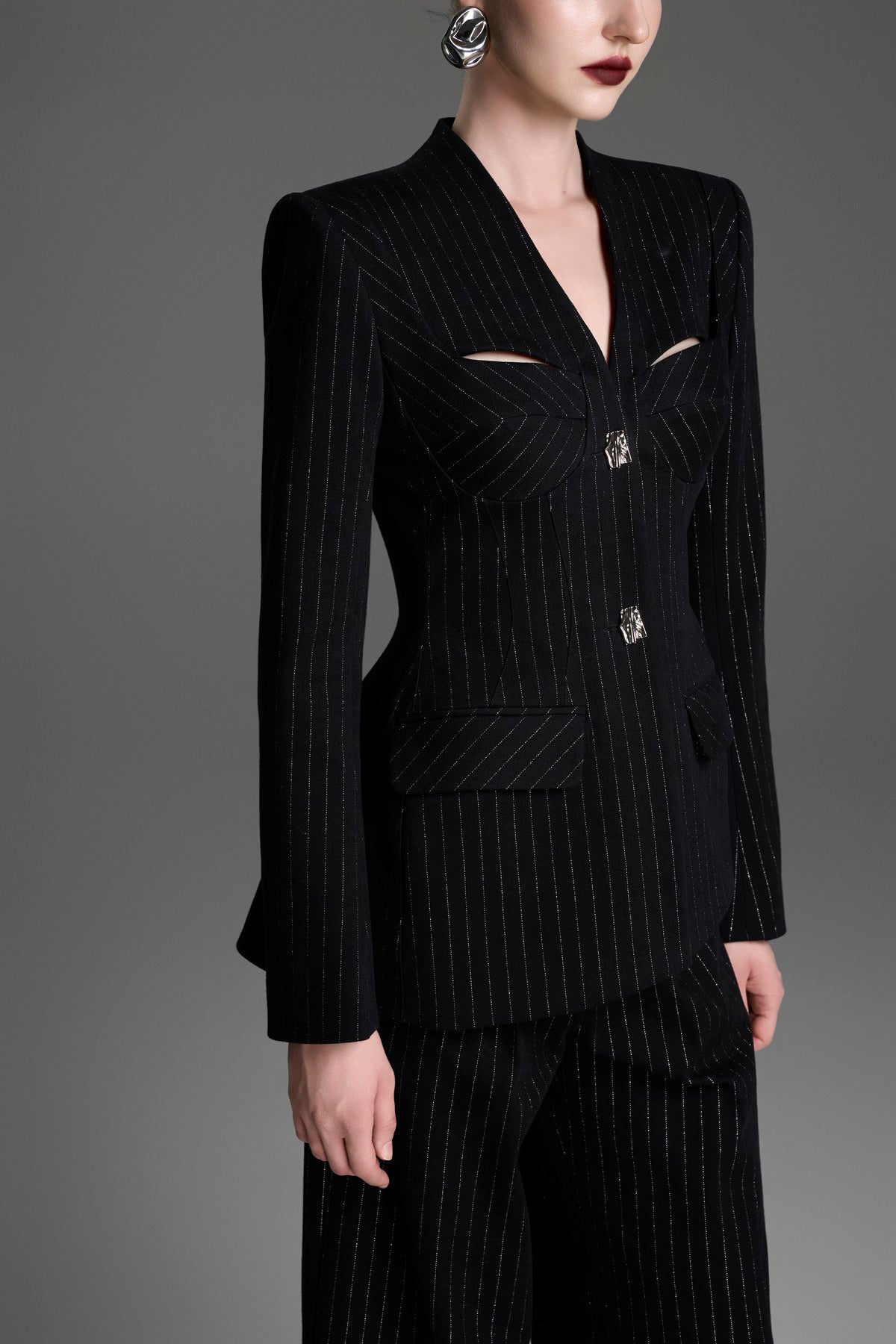 Collarless Pinstripe Blazer with a Chest Cutout and Corset Detailing