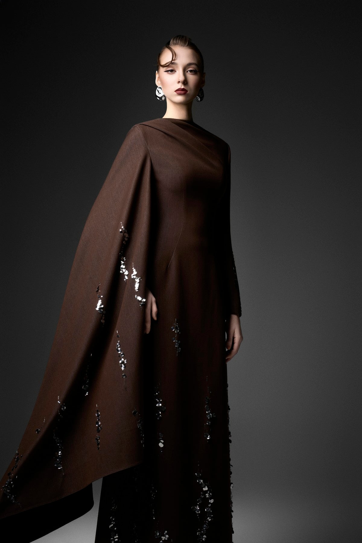 Asymmetric Sleeve Embellished Silk Denim A-Line Dress