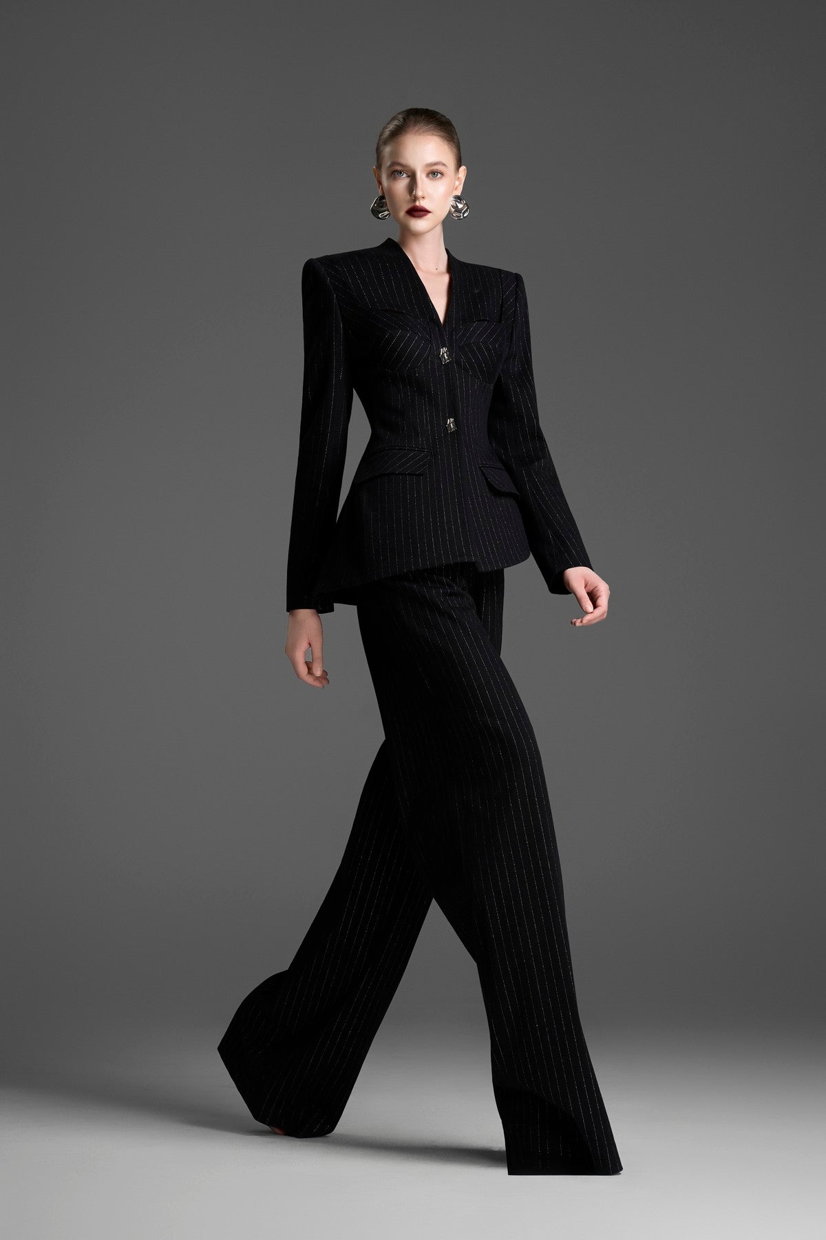 Collarless Pinstripe Blazer with a Chest Cutout and Corset Detailing