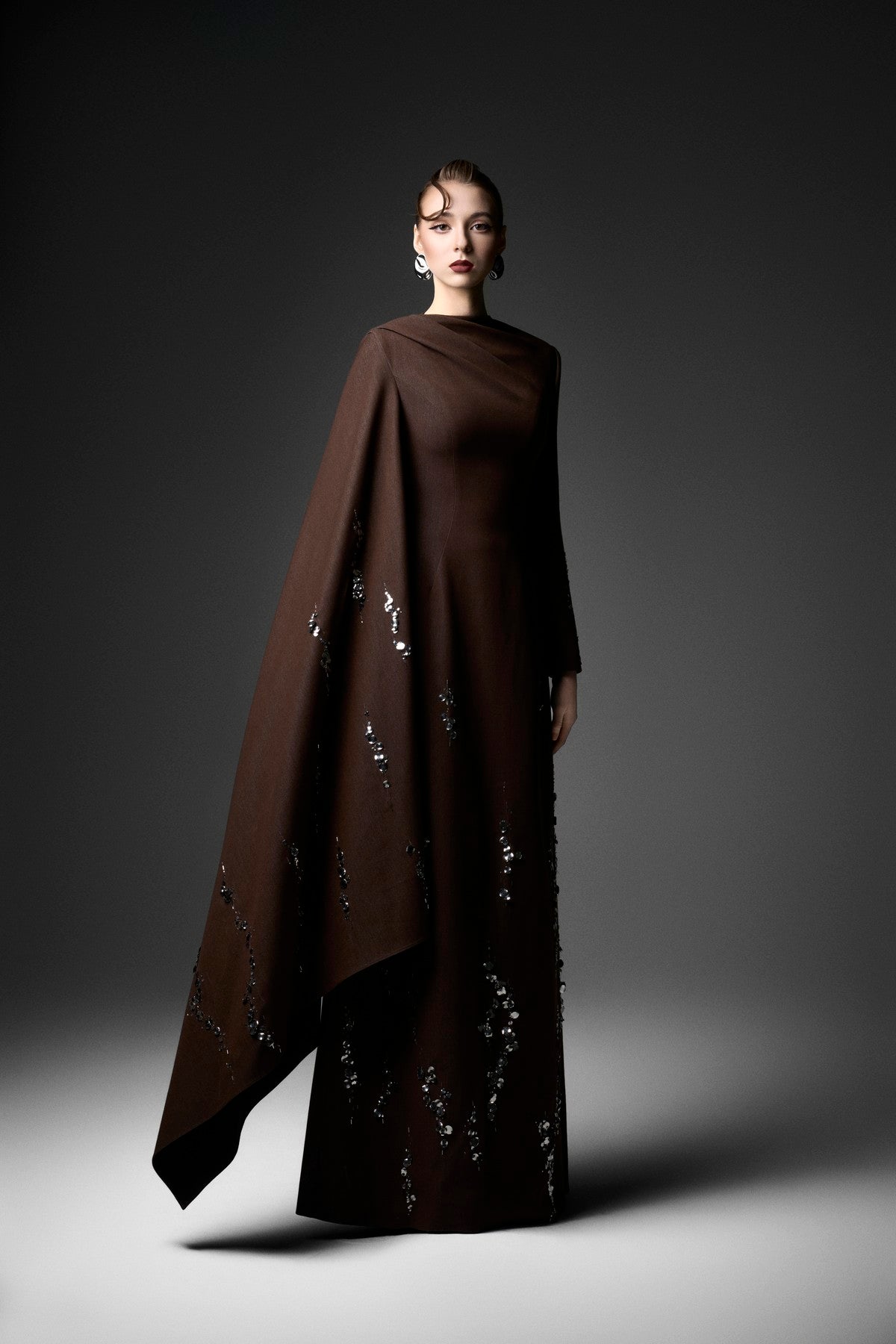Asymmetric Sleeve Embellished Silk Denim A-Line Dress
