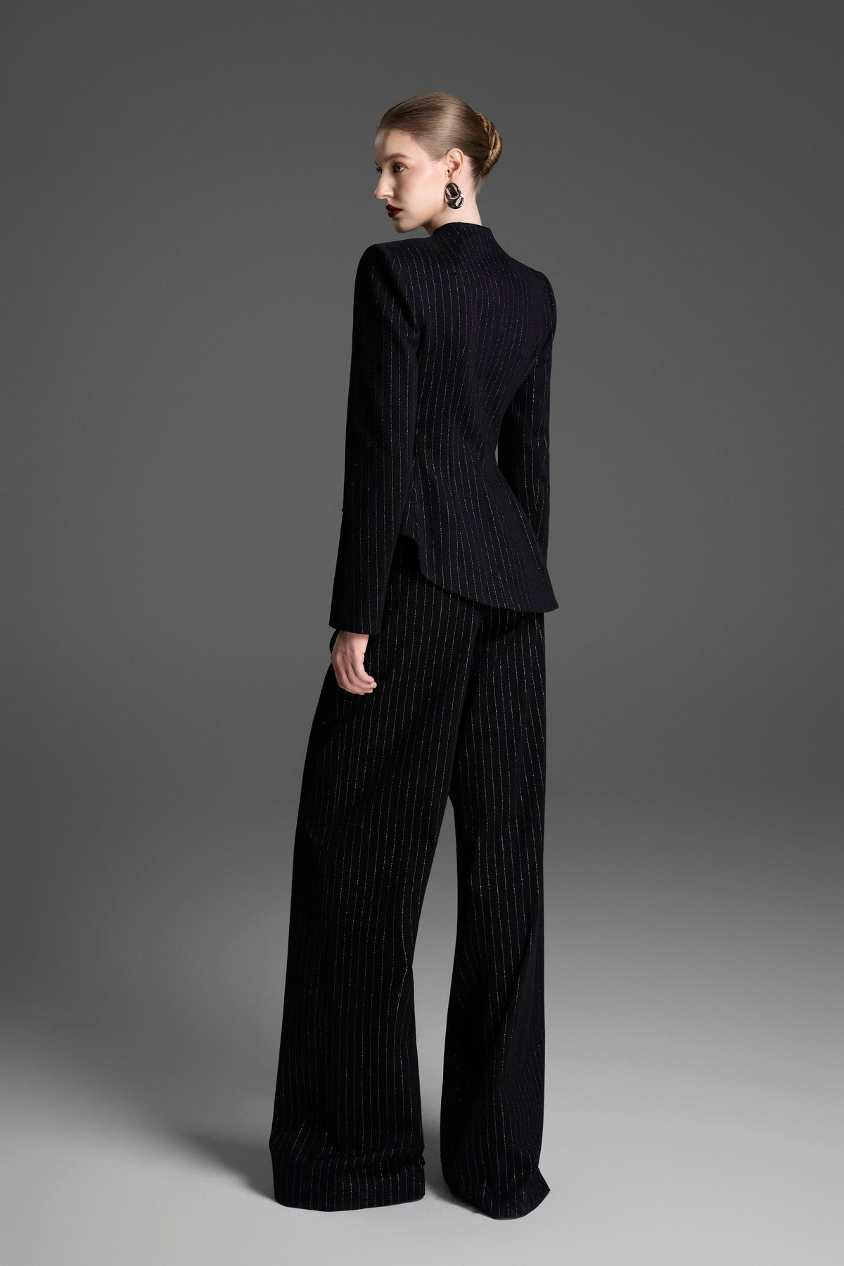 Collarless Pinstripe Blazer with a Chest Cutout and Corset Detailing