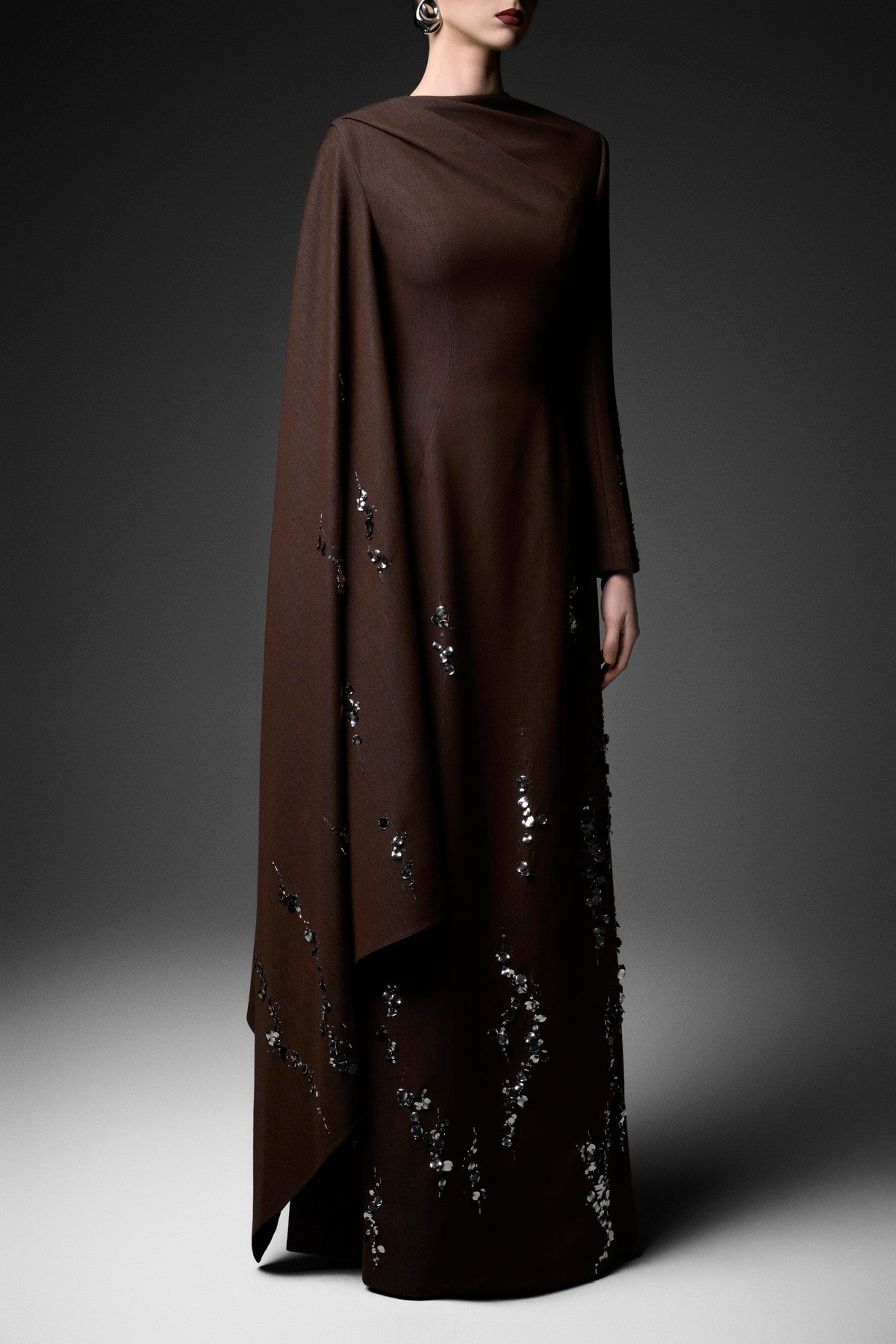 Asymmetric Sleeve Embellished Silk Denim A-Line Dress