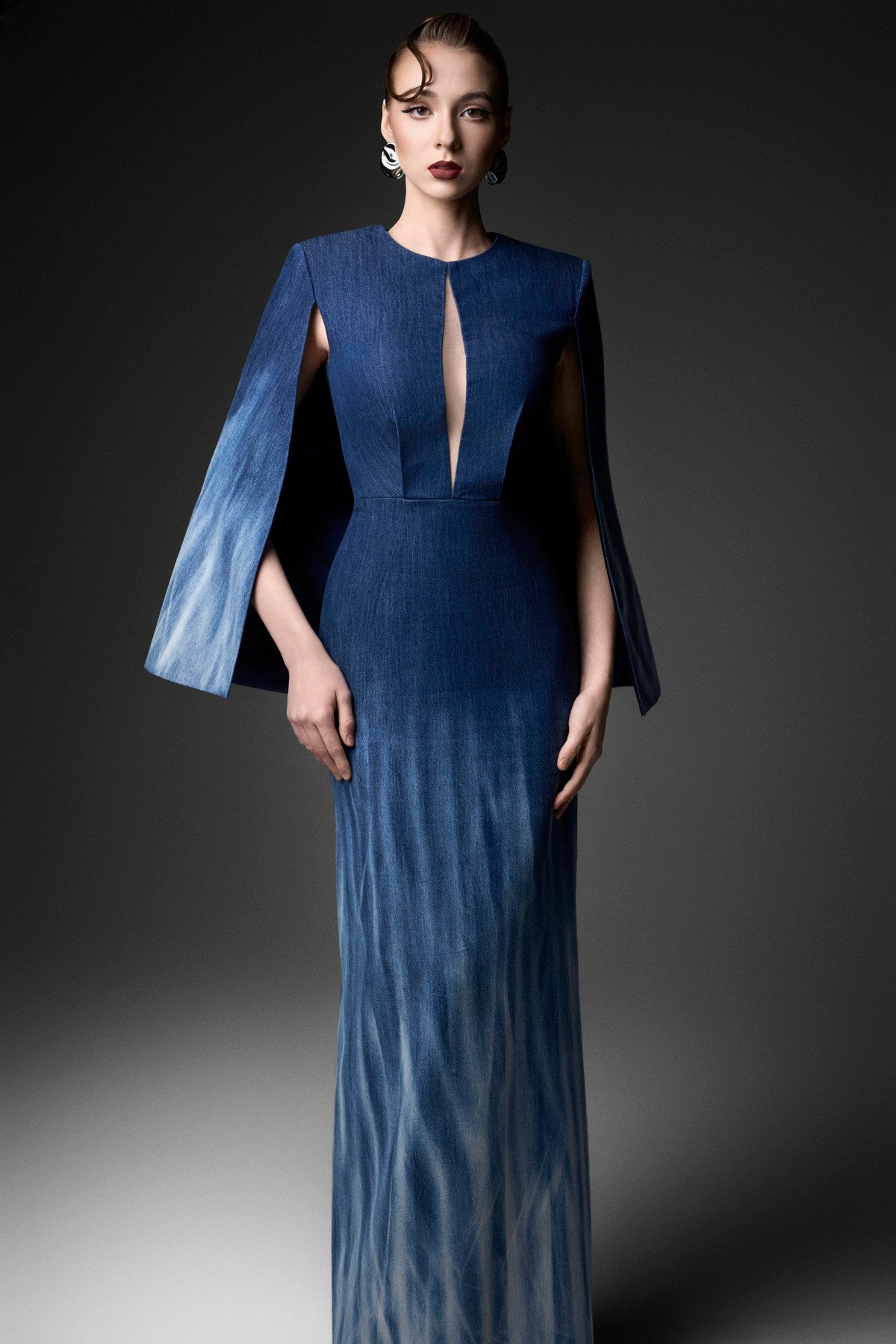 Cape Overlay Ombre Column Dress with Bust Cut-out