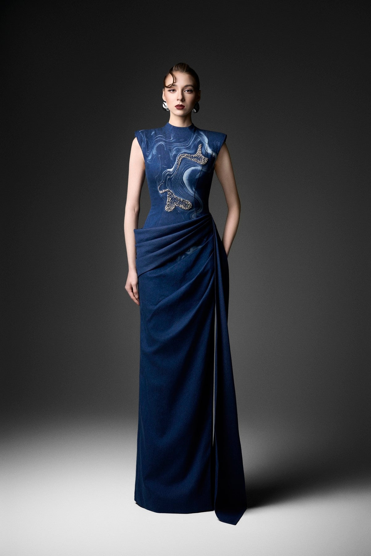 Structured-Shoulder Draped Embellished Dress