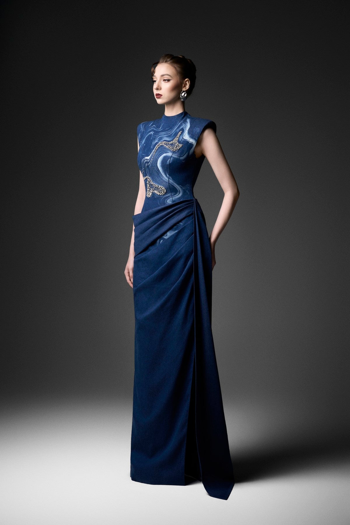Structured-Shoulder Draped Embellished Dress