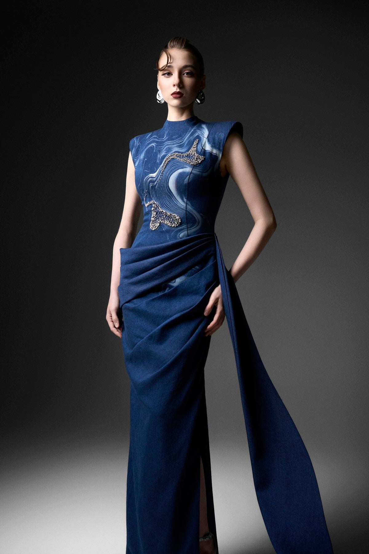 Structured-Shoulder Draped Embellished Dress