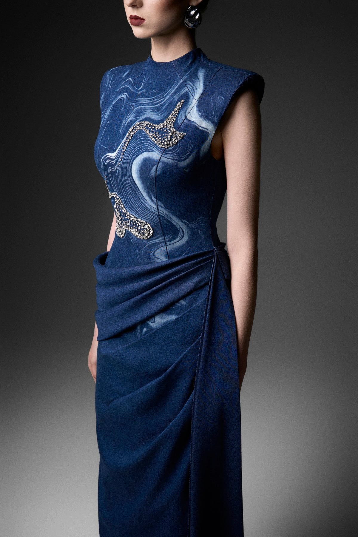 Structured-Shoulder Draped Embellished Dress