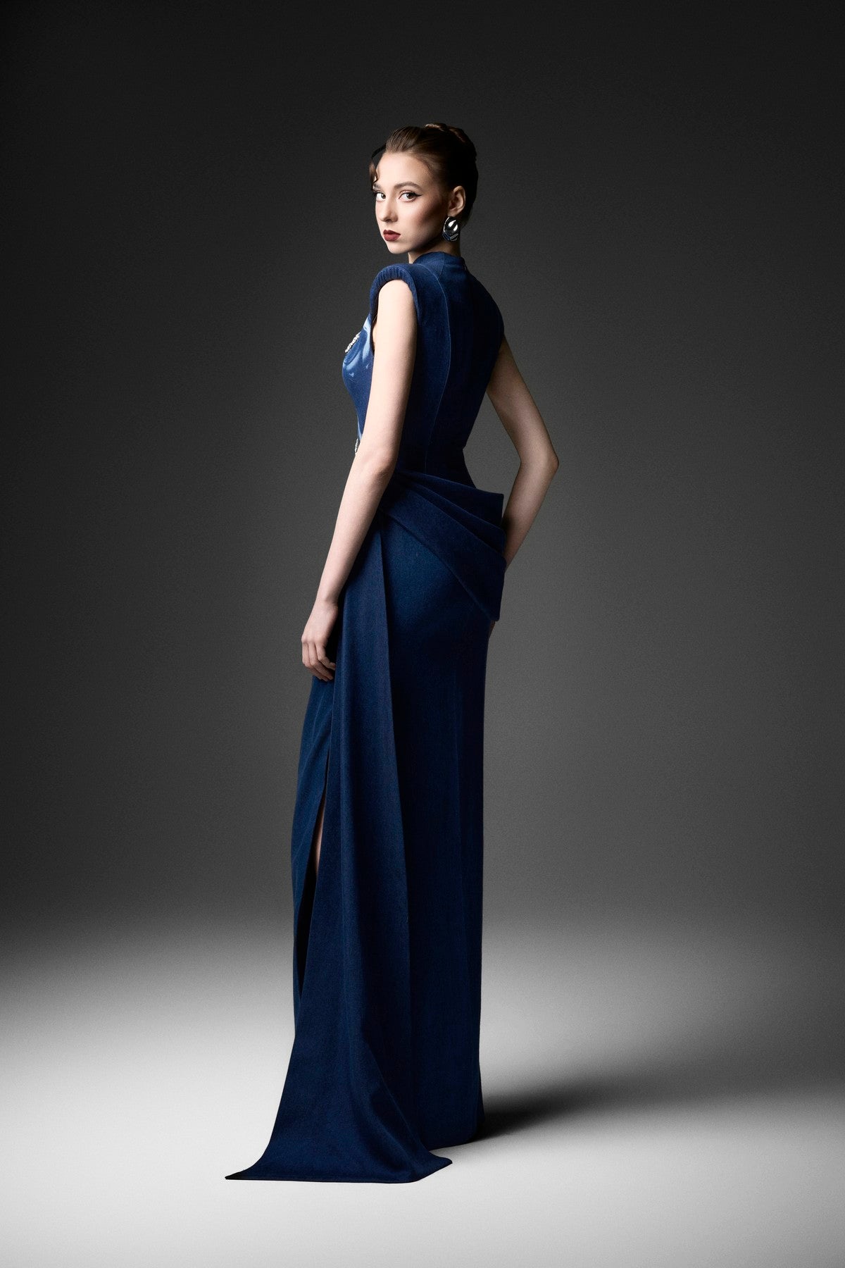 Structured-Shoulder Draped Embellished Dress