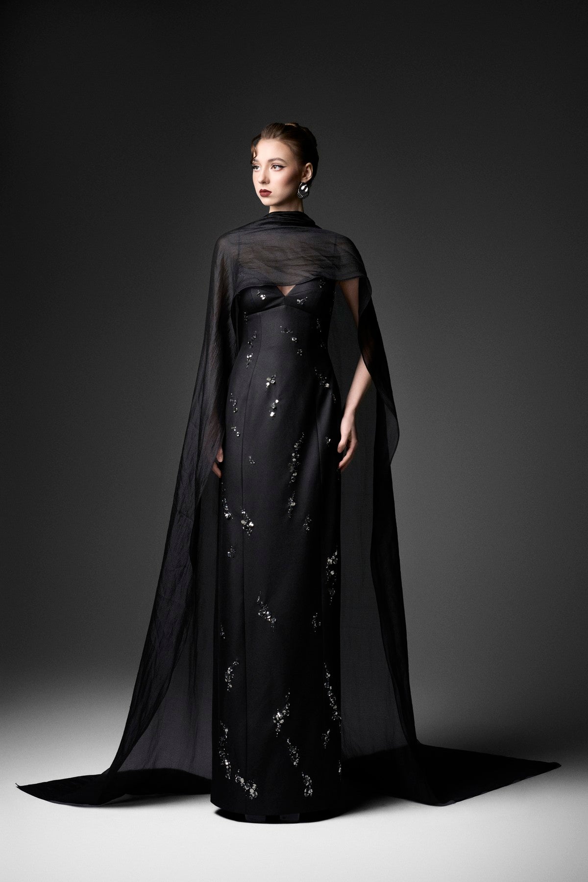 Wavy-Embellished Cat-Eye Column Dress with Scarf Overlay