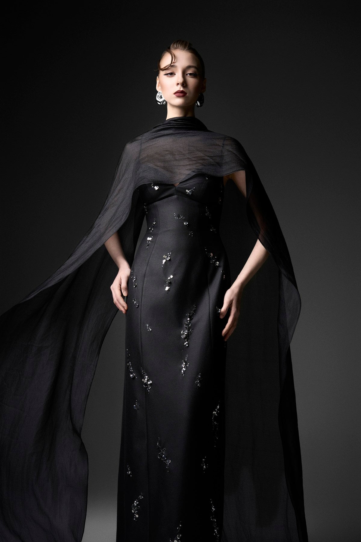 Wavy-Embellished Cat-Eye Column Dress with Scarf Overlay