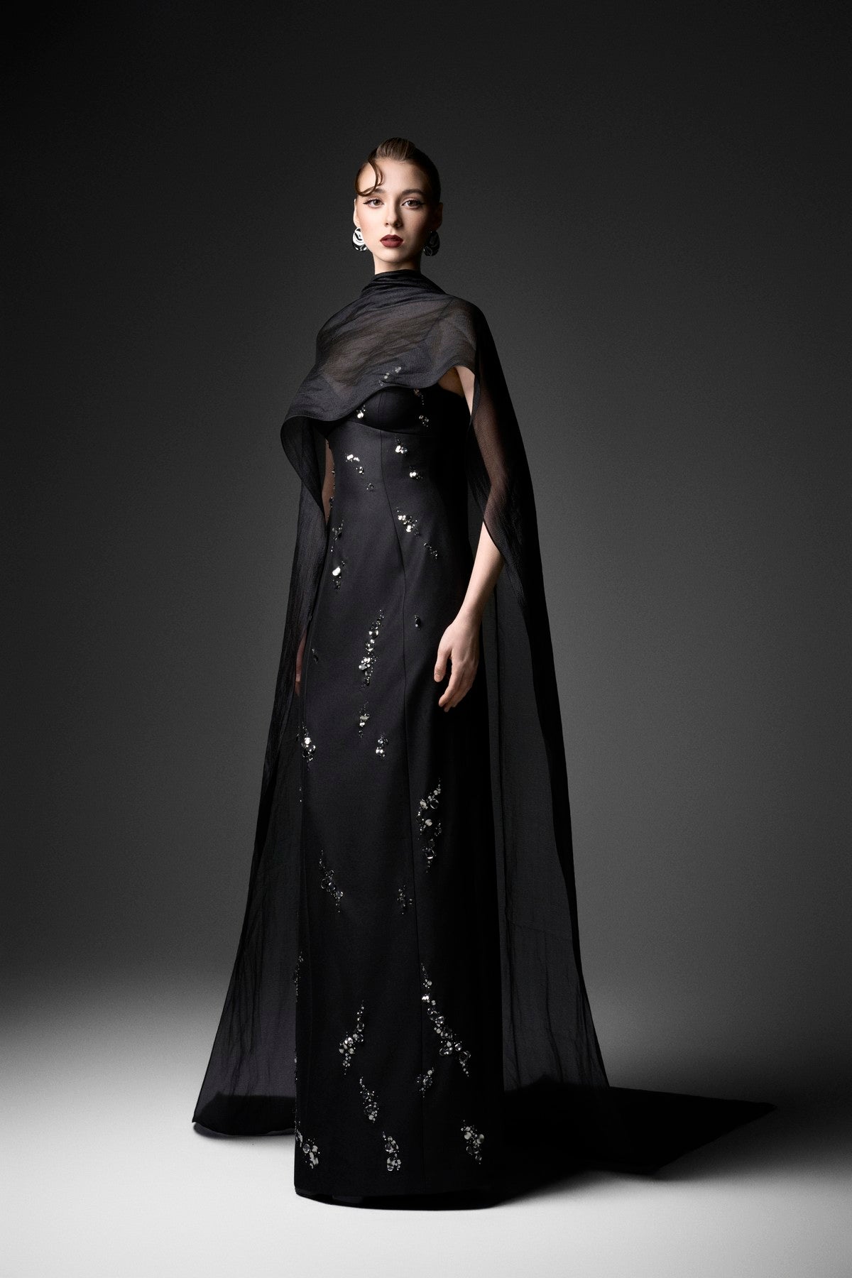 Wavy-Embellished Cat-Eye Column Dress with Scarf Overlay