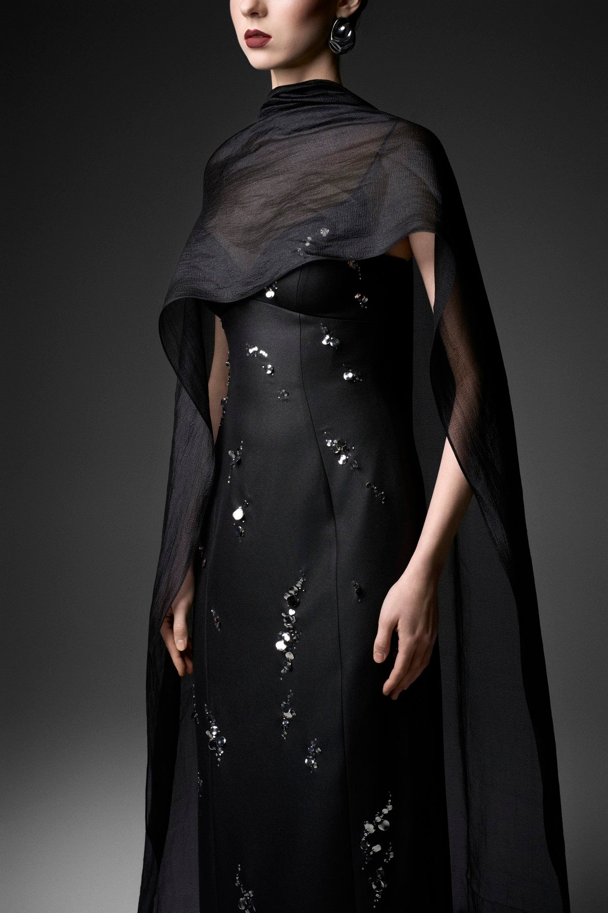 Wavy-Embellished Cat-Eye Column Dress with Scarf Overlay