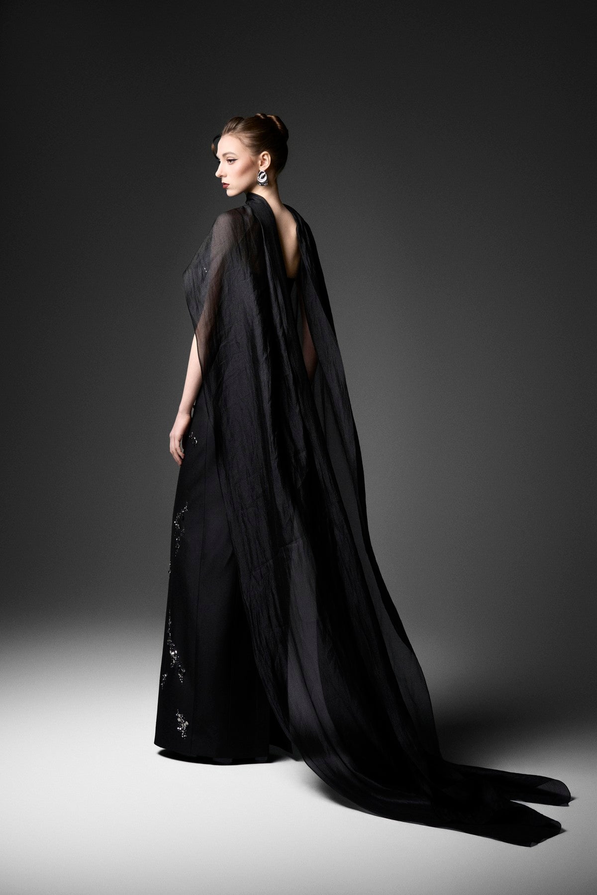 Wavy-Embellished Cat-Eye Column Dress with Scarf Overlay