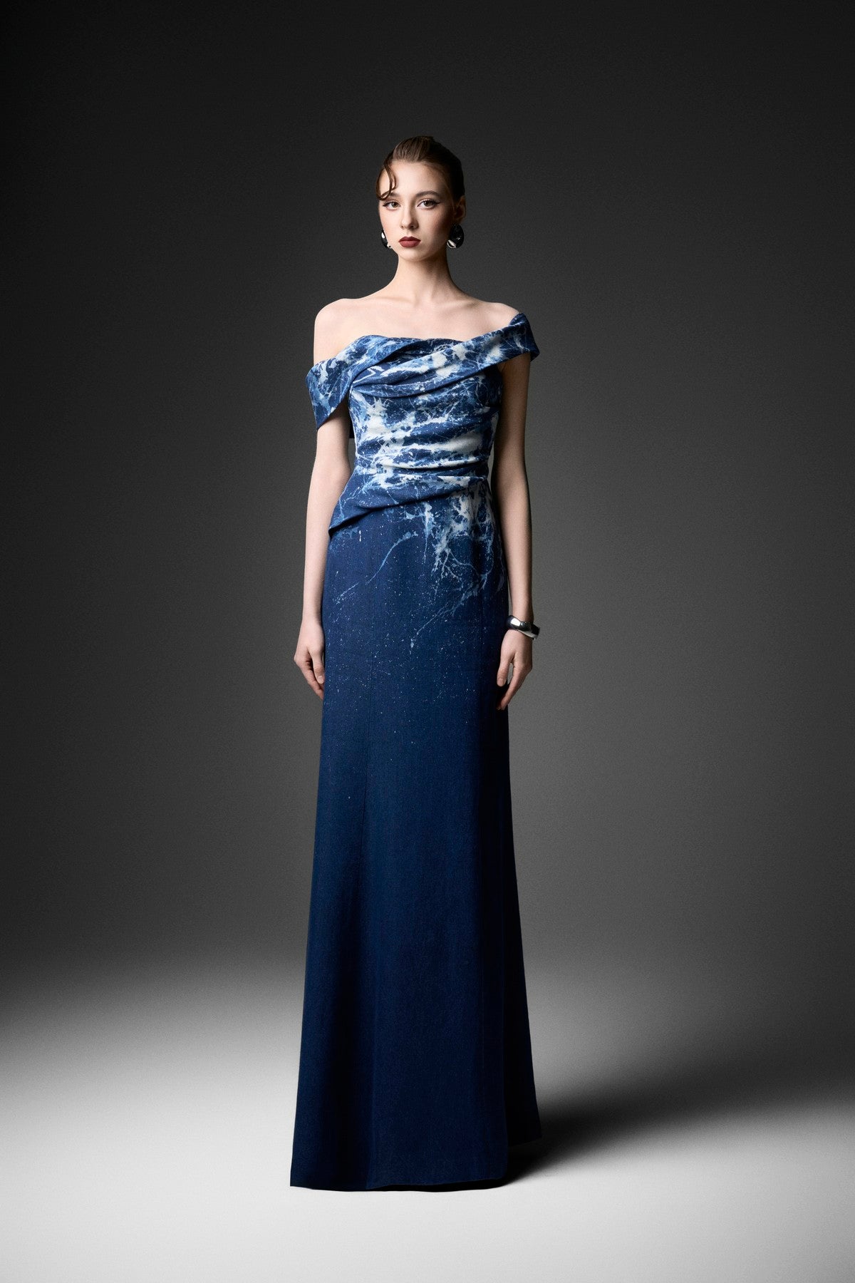 Off-Shoulder Marble-Wash Pleated Denim Dress