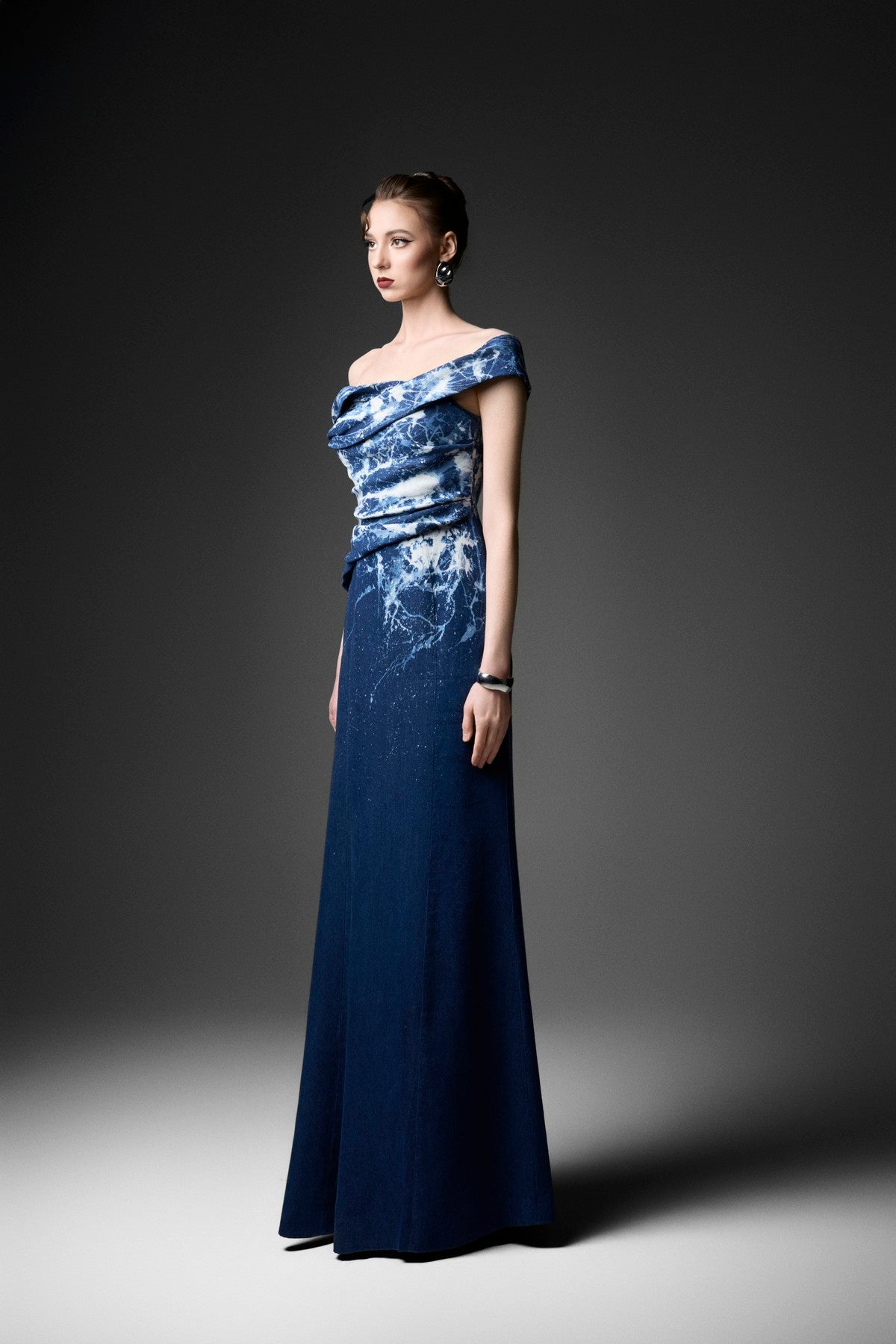 Off-Shoulder Marble-Wash Pleated Denim Dress