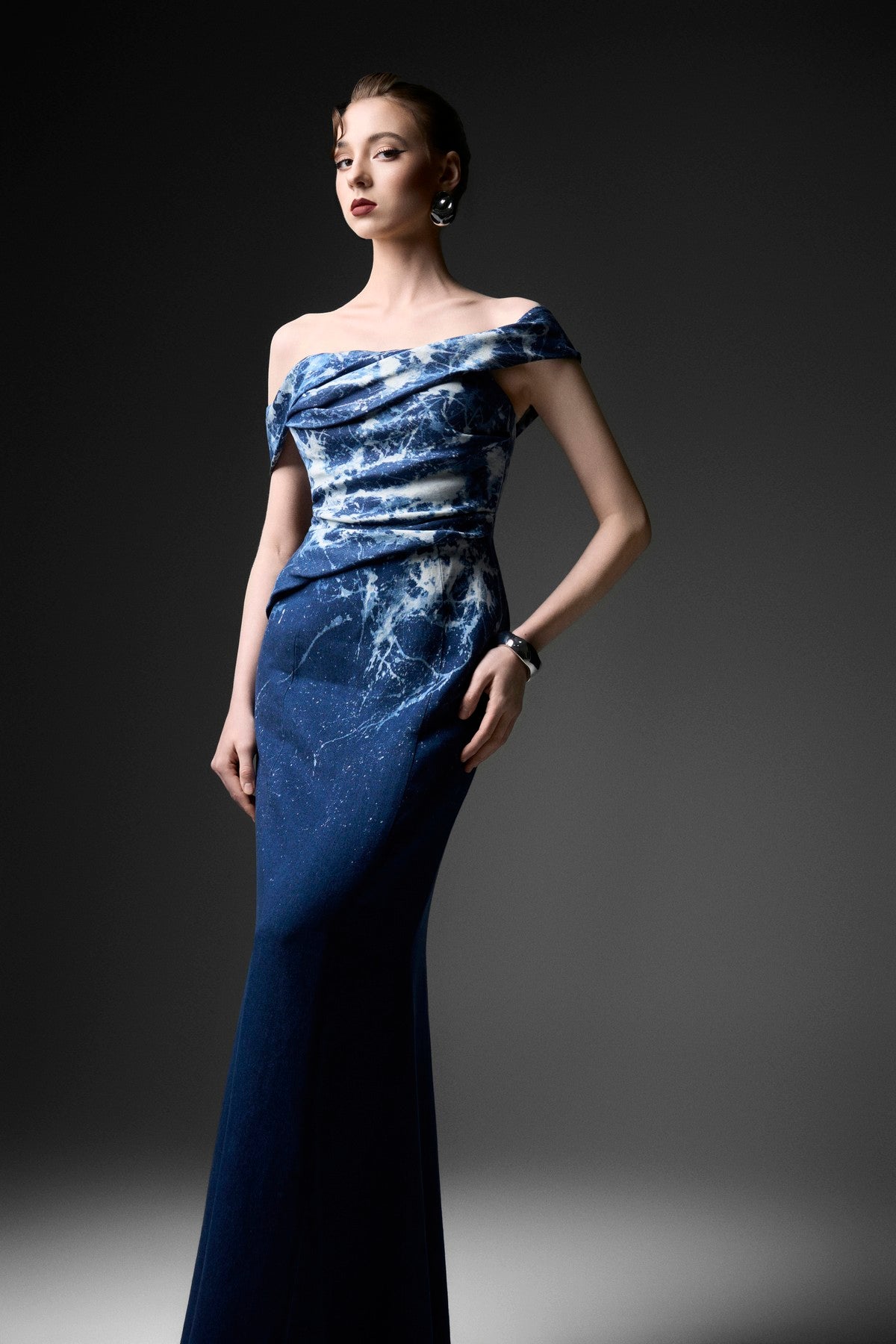Off-Shoulder Marble-Wash Pleated Denim Dress