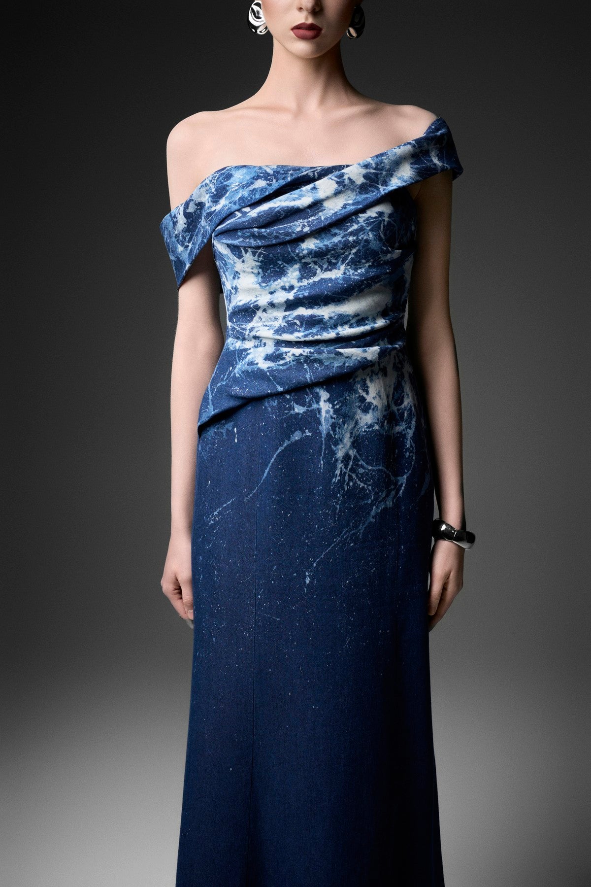 Off-Shoulder Marble-Wash Pleated Denim Dress