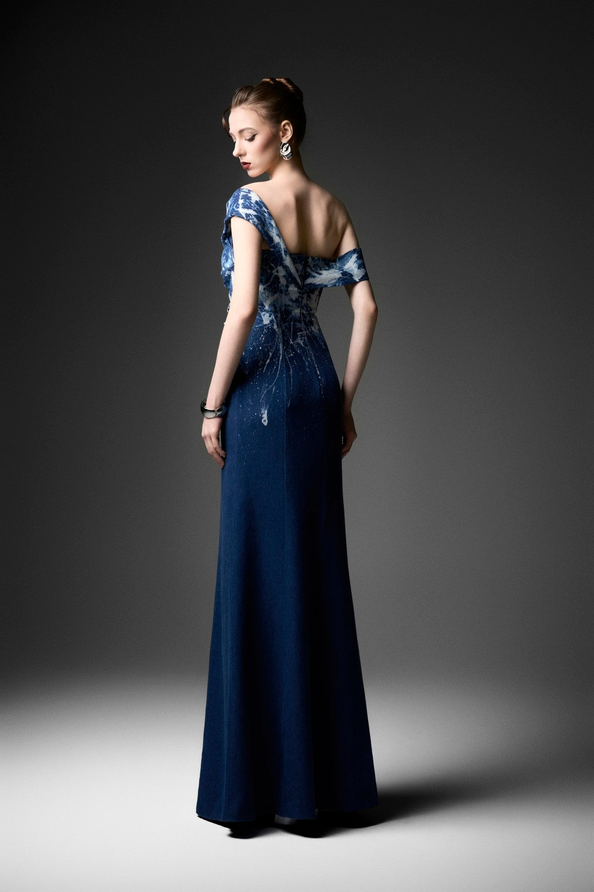 Off-Shoulder Marble-Wash Pleated Denim Dress