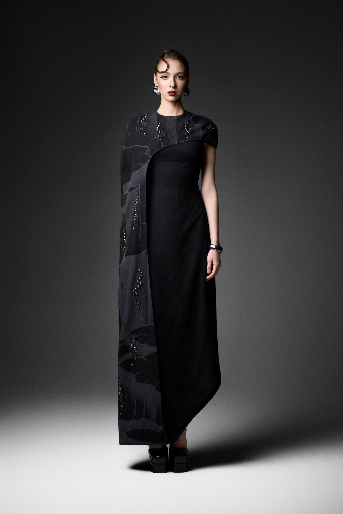 Asymmetric Laser-Print A-Line Cape Dress