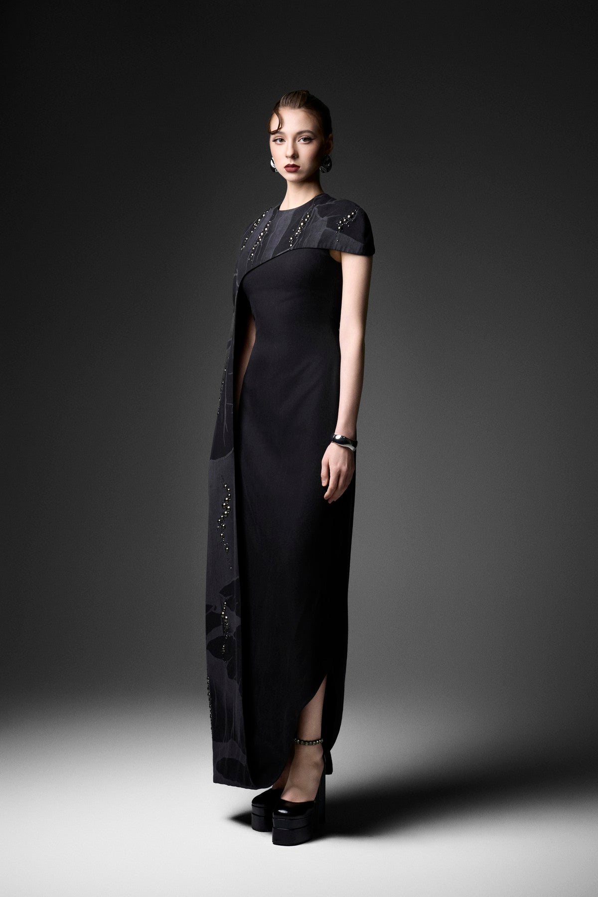 Asymmetric Laser-Print A-Line Cape Dress