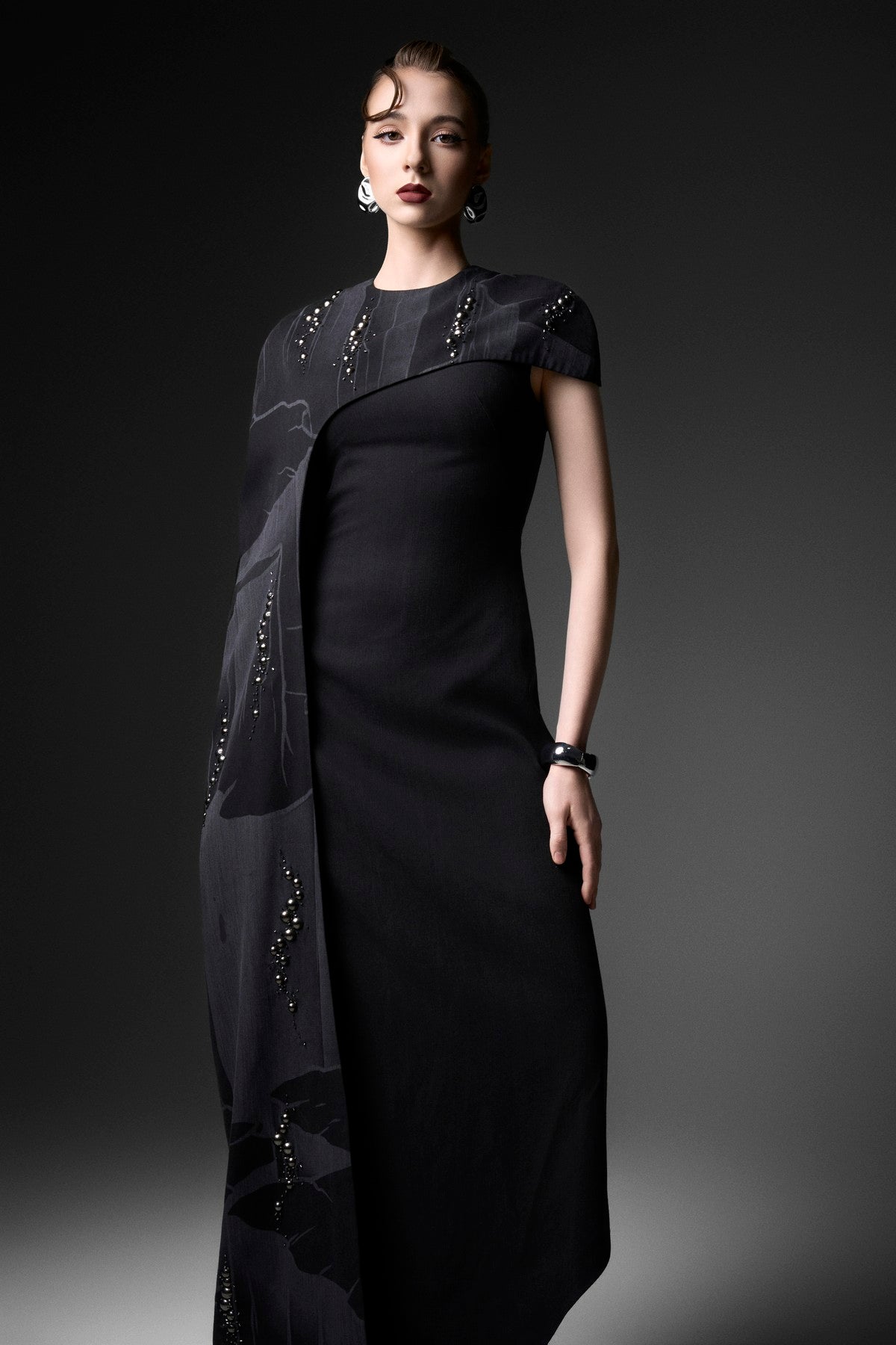 Asymmetric Laser-Print A-Line Cape Dress