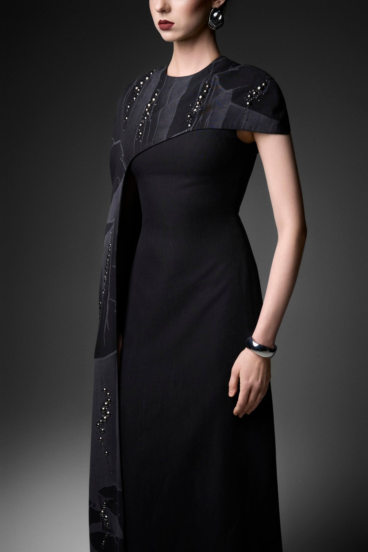 Asymmetric Laser-Print A-Line Cape Dress