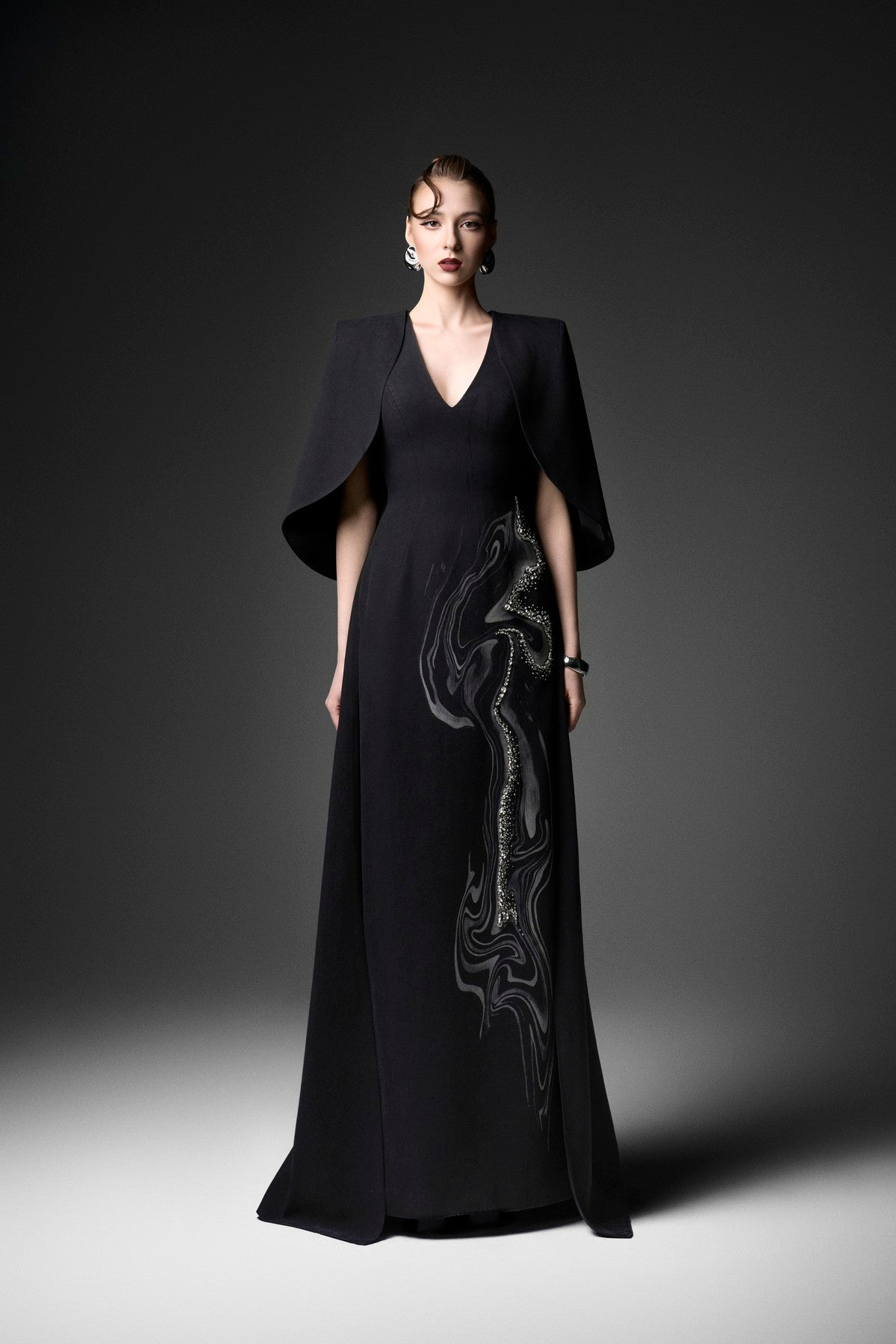 Cape Overlay Woodgrain Denim A-Line Dress