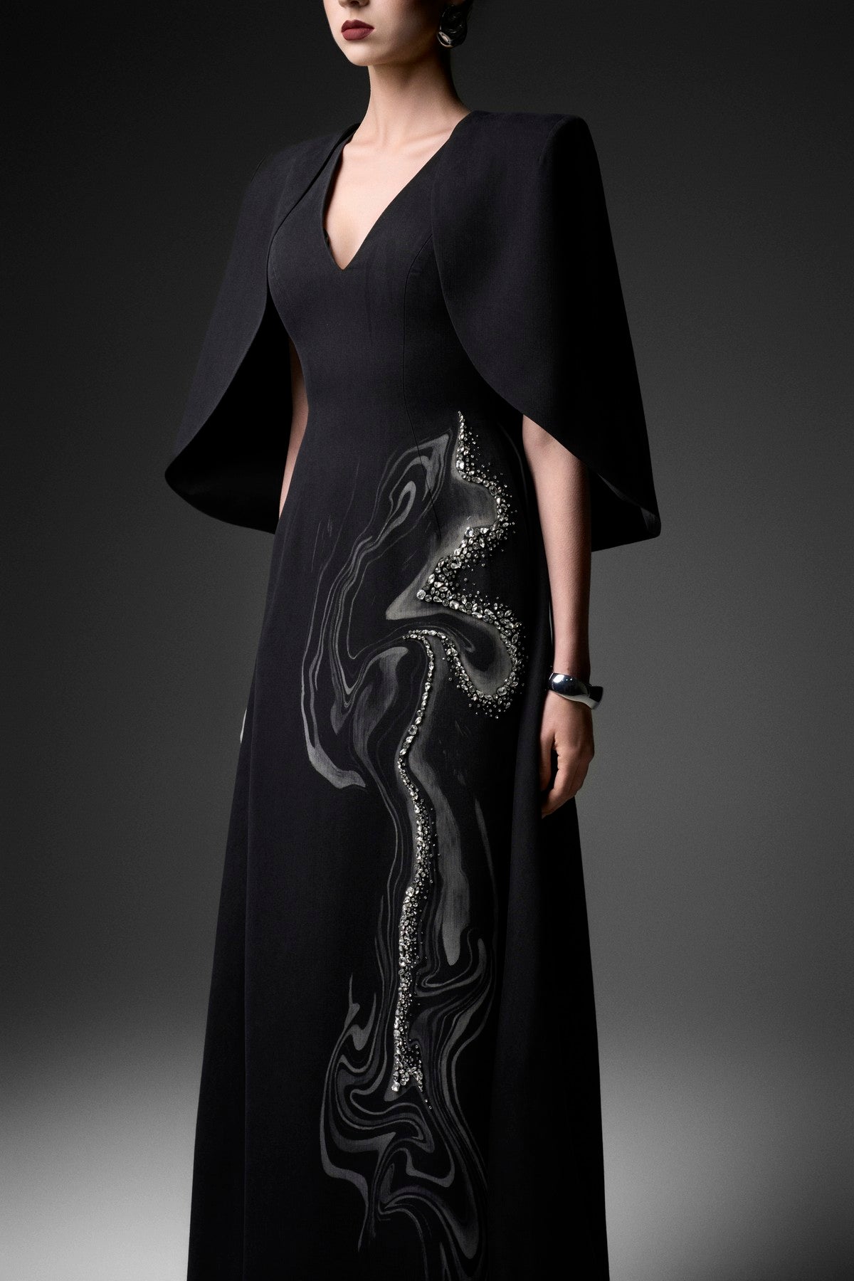 Cape Overlay Woodgrain Denim A-Line Dress