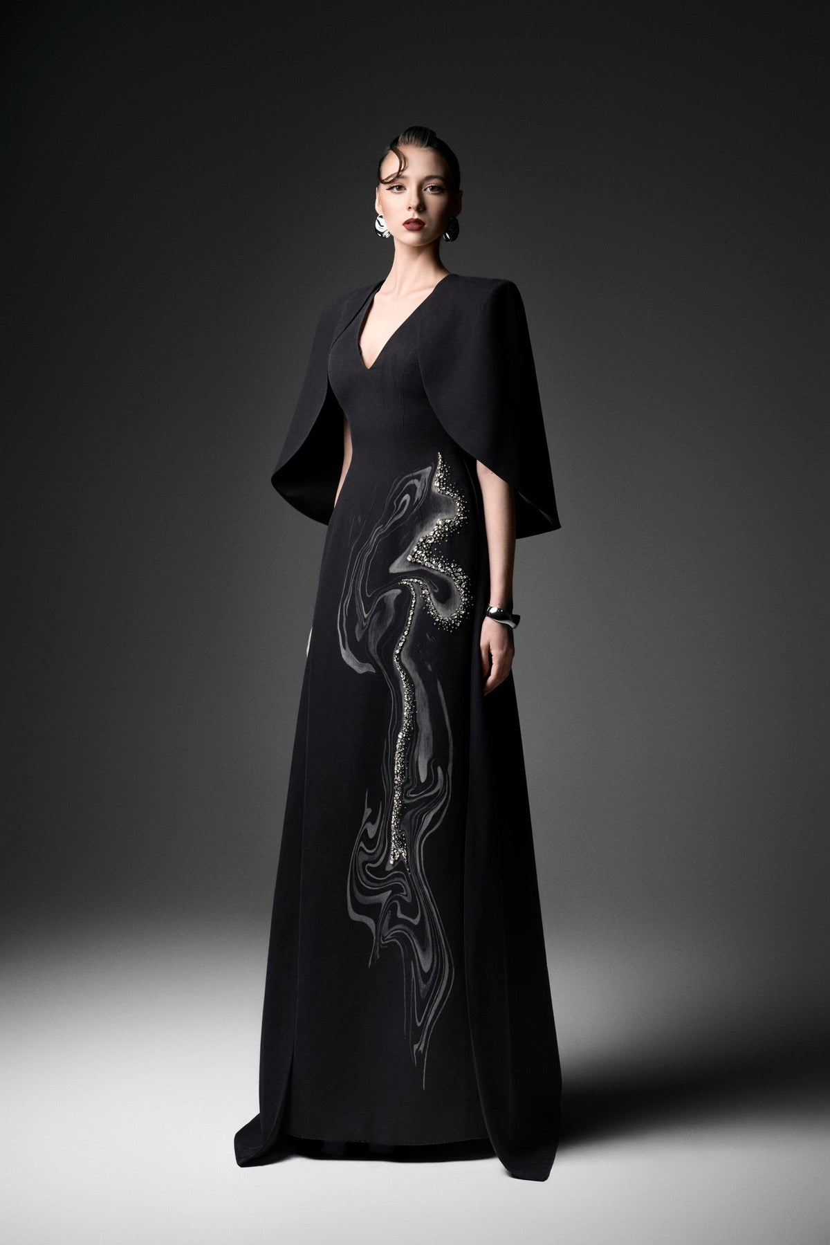Cape Overlay Woodgrain Denim A-Line Dress