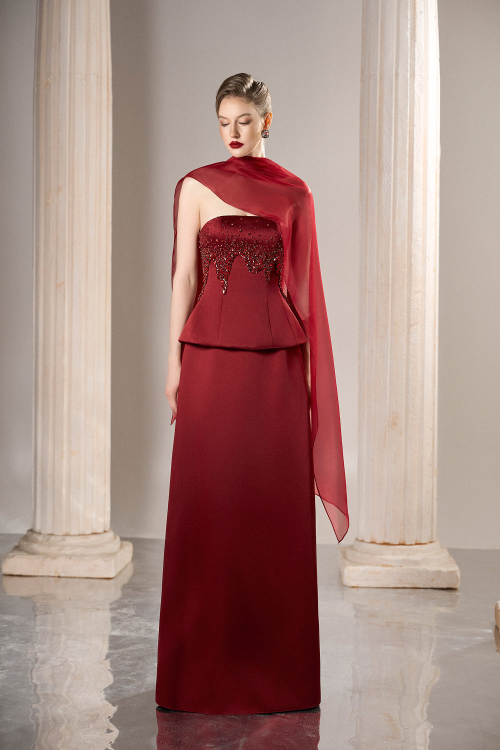 Dress Embellished peplum set asymmetric chiffon drape