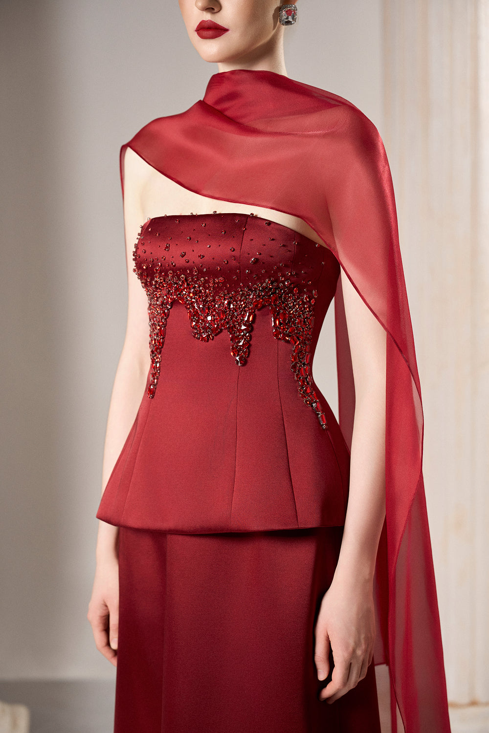 Dress Embellished peplum set asymmetric chiffon drape