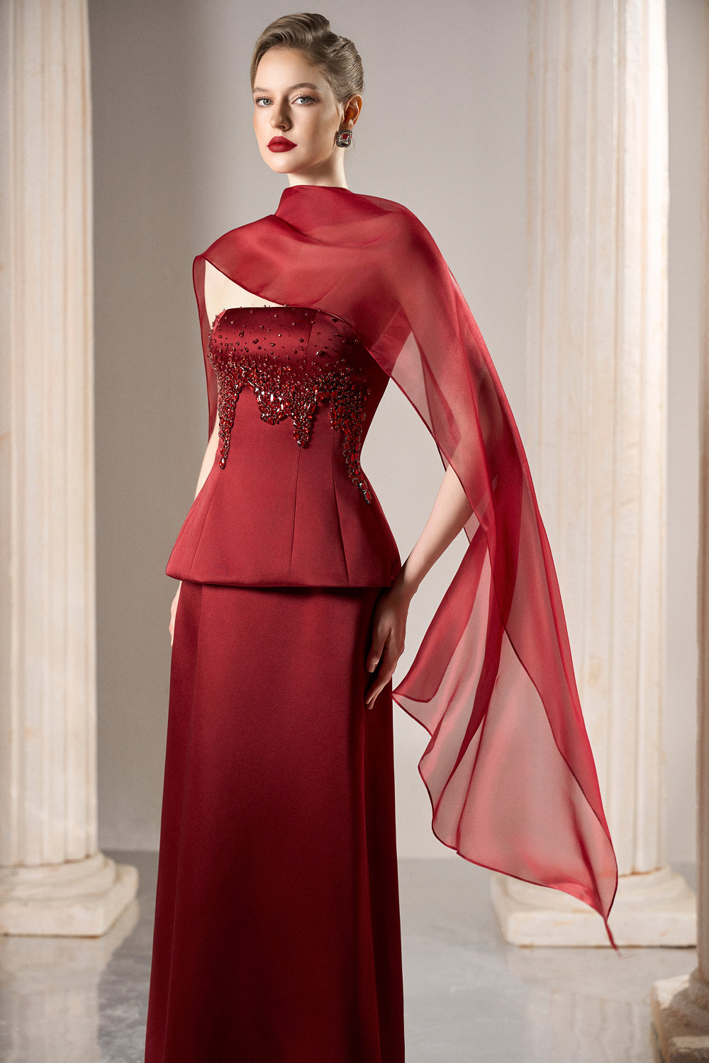 Dress Embellished peplum set asymmetric chiffon drape