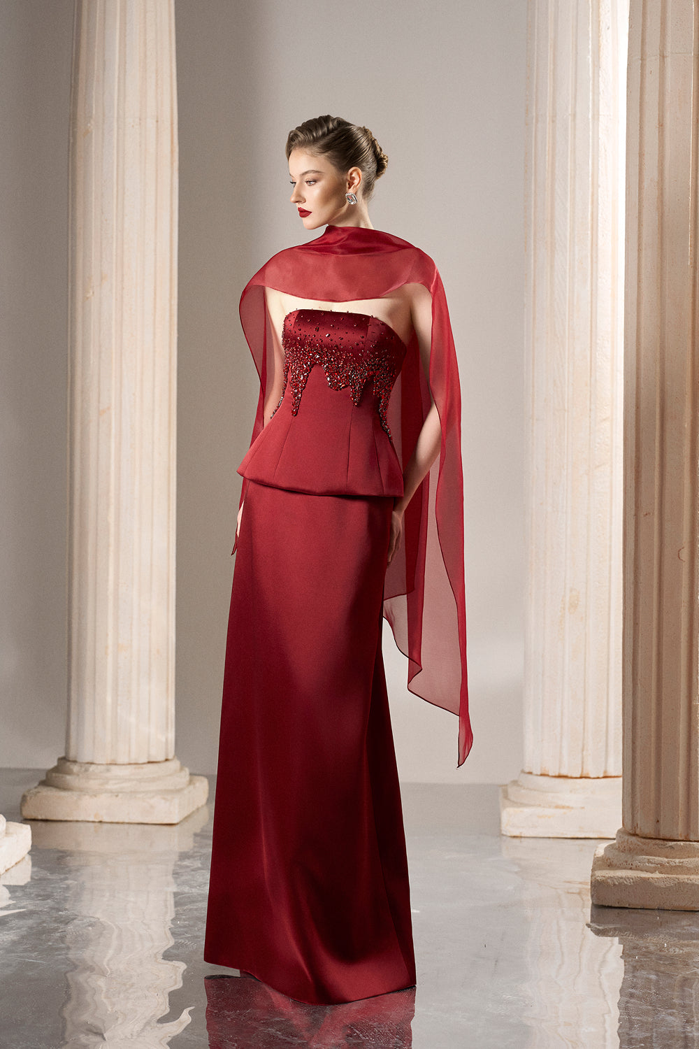 Dress Embellished peplum set asymmetric chiffon drape