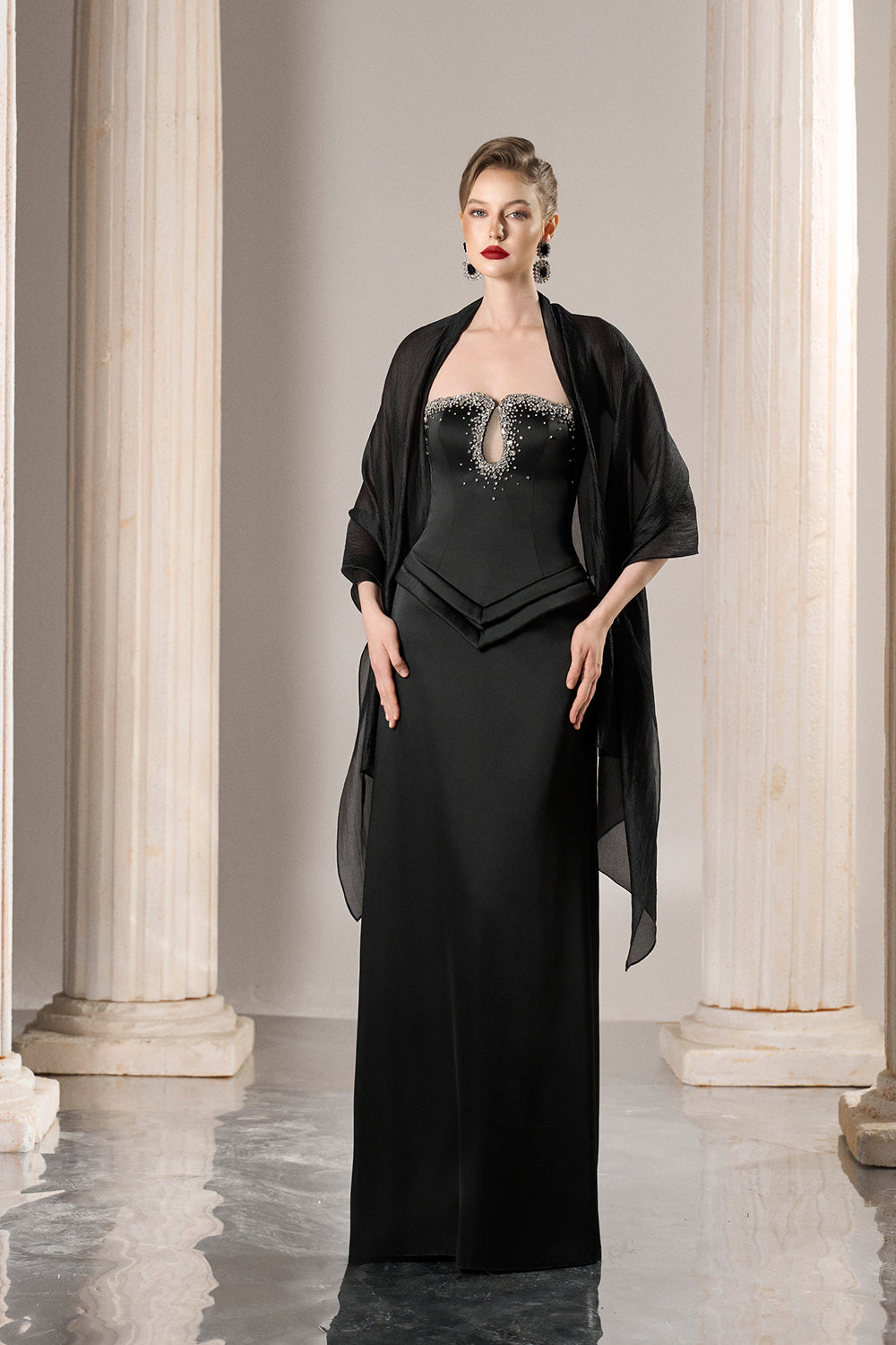 Dress Strapless black gown, crystal keyhole, dramatic chiffon drape