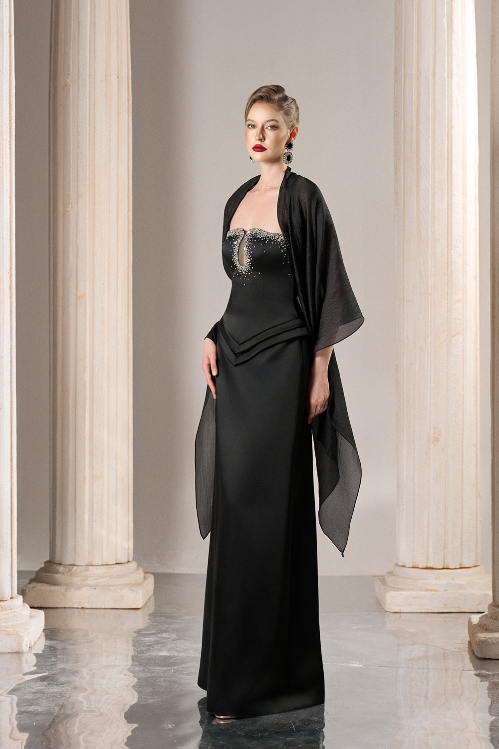 Dress Strapless black gown, crystal keyhole, dramatic chiffon drape