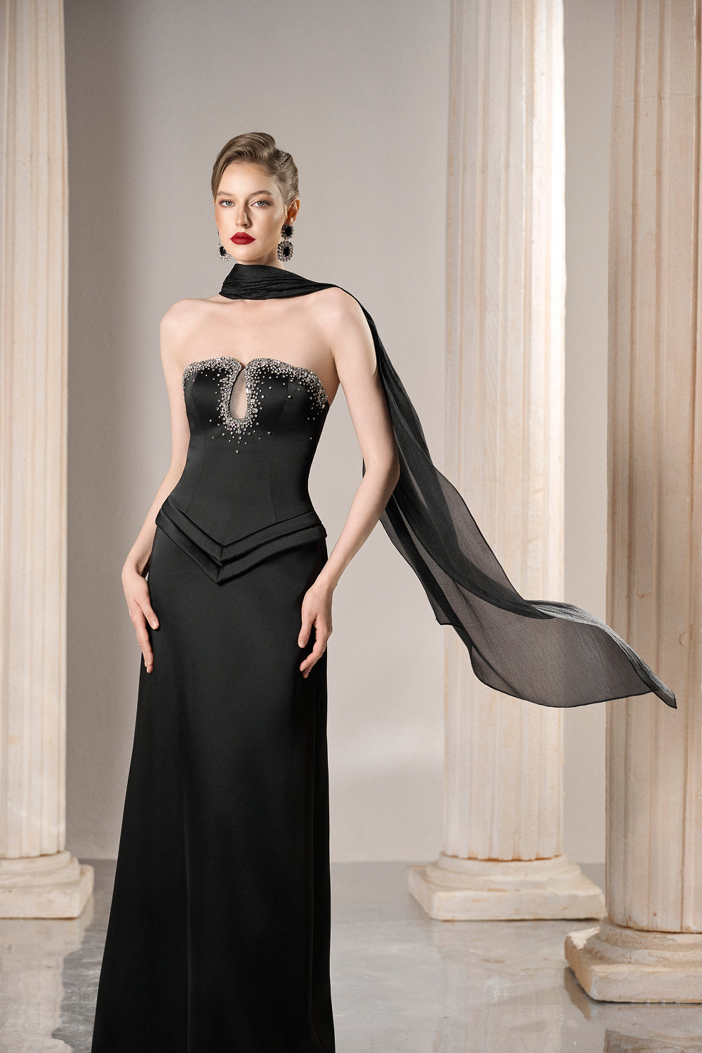 Dress Strapless black gown, crystal keyhole, dramatic chiffon drape